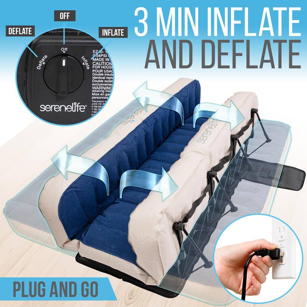 OFF  
DEFLATE  
INFLATE  

3 MIN INFLATE AND DEFLATE  

PLUG AND GO  

serenelife  

EZI-  
254PSI  
MADE IN USA  
CAUTION  
Double insula identical repl  
Double solat exclusivemen  
WARNING  
Mise en gar  
personnes  

serenelife