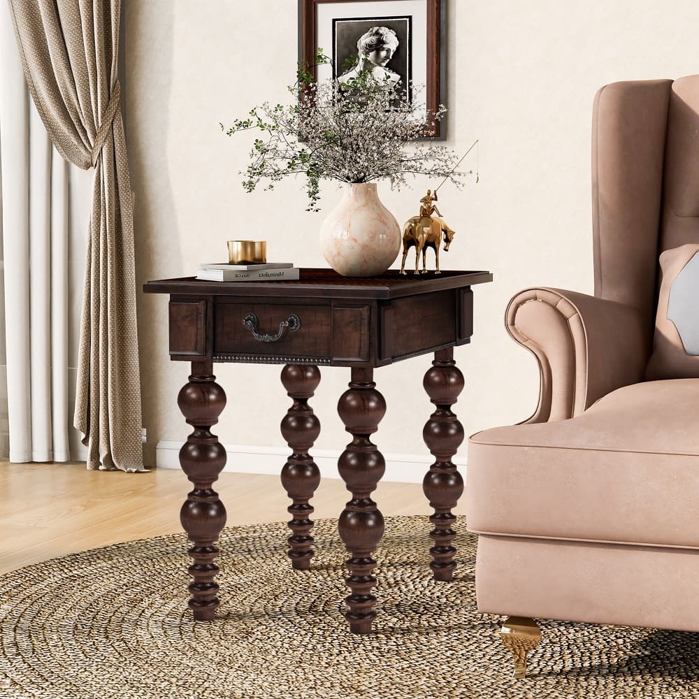 Loheer - Solid Wood End Table with Drawer Vintage Narrow Sofa Side Table - Espresso price history on PriceWatchPro
