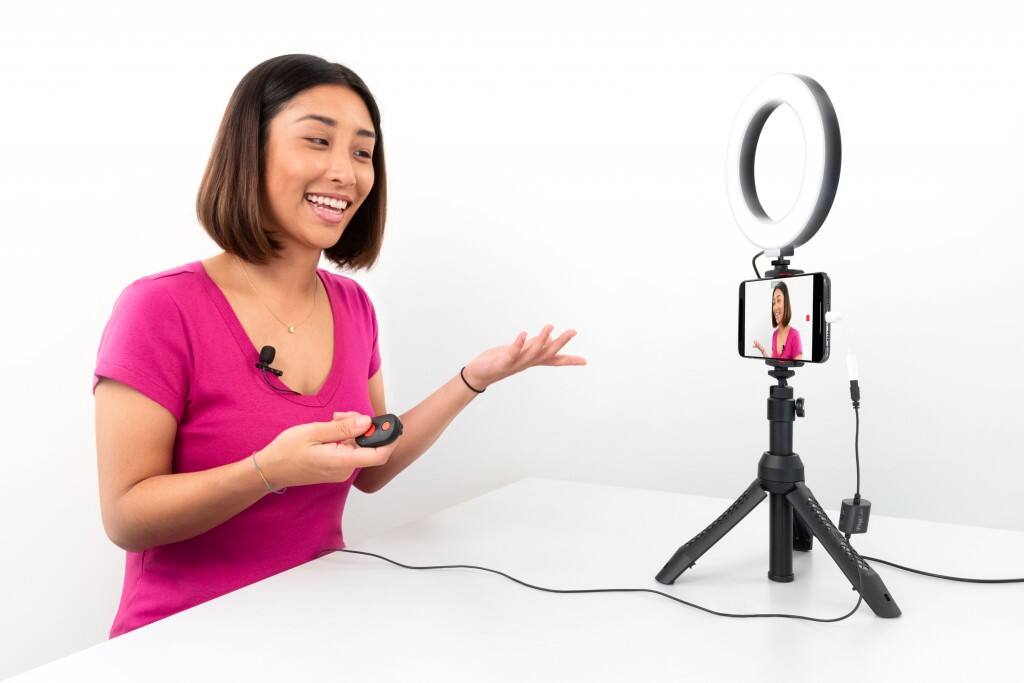 Alt View 2. IK Multimedia - iRig Video Creator Bundle All-in-One Smartphone Video Kit with Tripod Stand, Lavalier Mic & LED Ring Light.