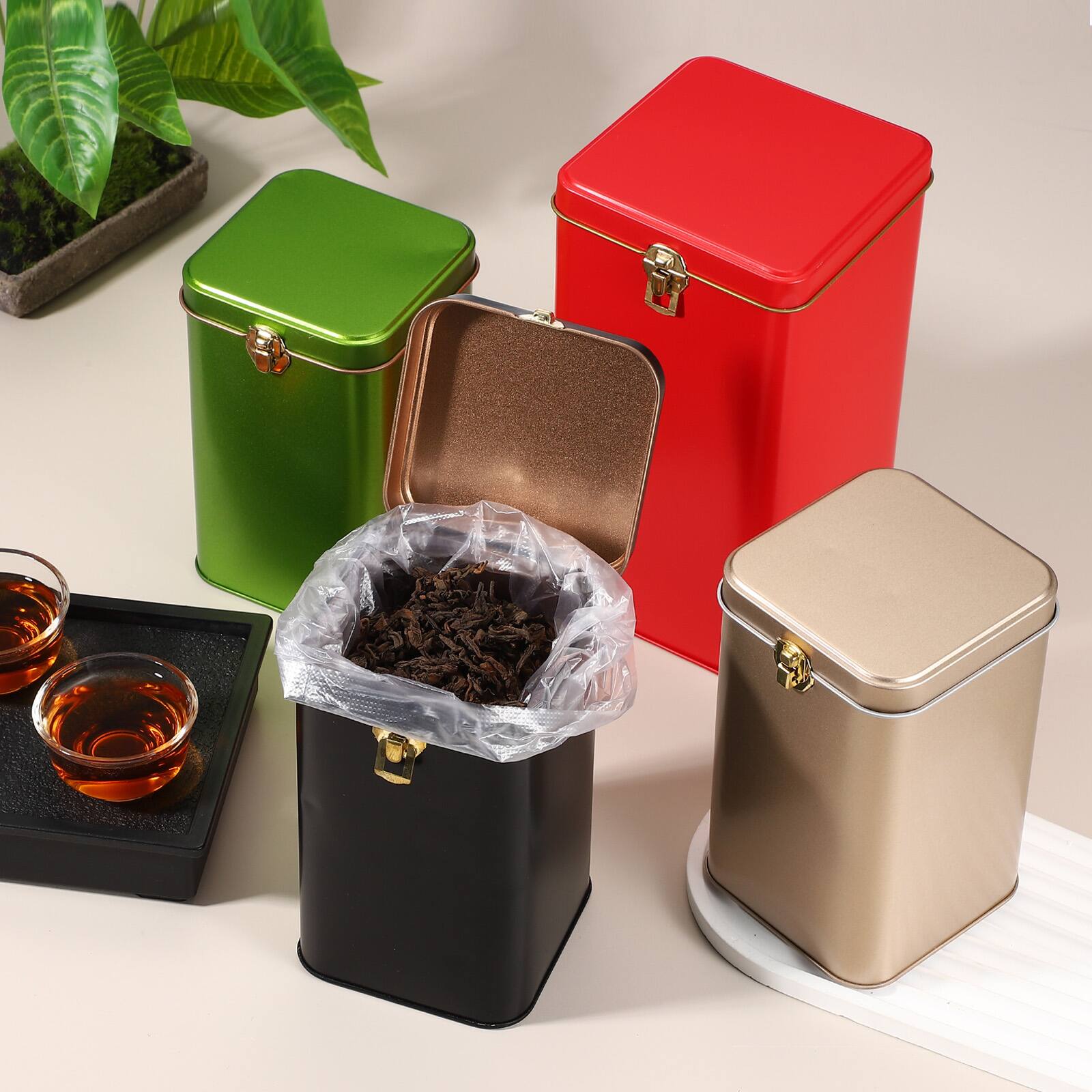 Alt View 5. Unique Bargains - 2pcs Square Tin Can with Lid Metal Empty Storage Container for Tea Coffee Cookies Crafts - Gold.