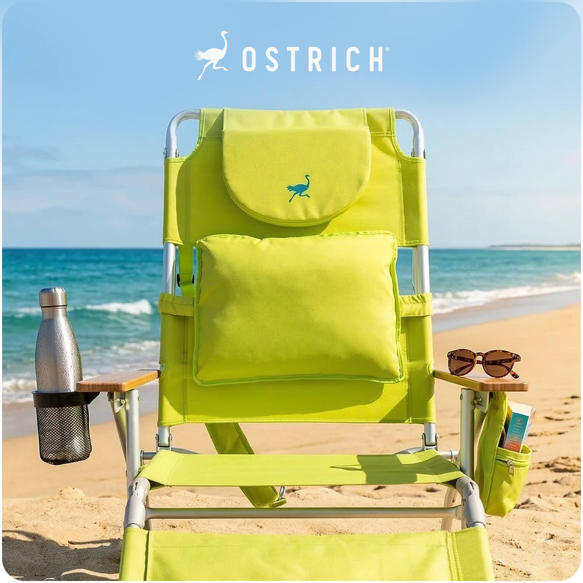Alt View 5. Ostrich - Ostrich The Deluxe 3N1 Lightweight Outdoor Beach Lounge Chair w/ Footrest, Lime - Green.