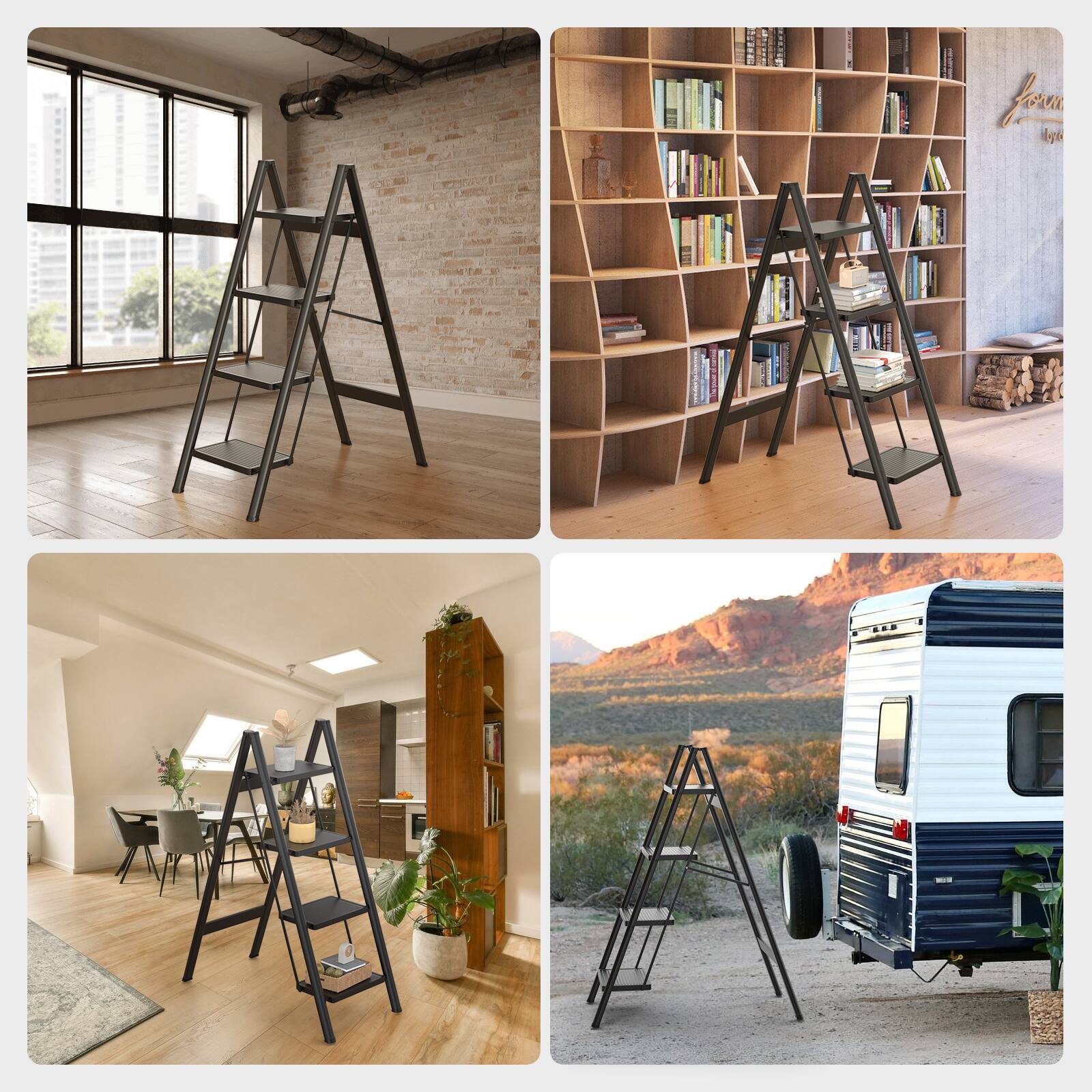 Alt View 5. Topteng - 4-Step Folding Ladder, Lightweight Carbon Steel Step Stool - 330lb Capacity, Wide Anti-Slip Pedals, for Home & Car Wash - Black.