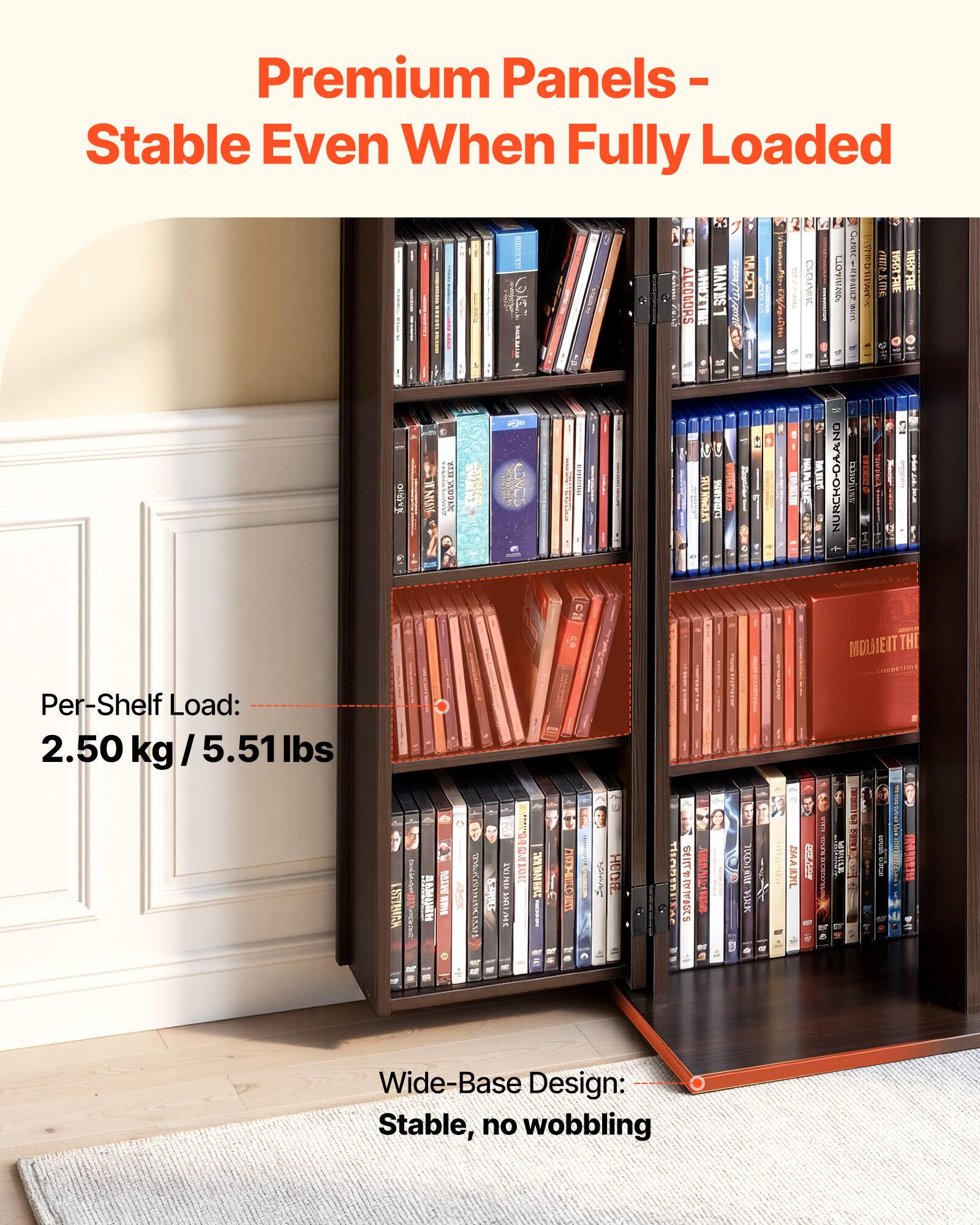 Premium Panels - Stable Even When Fully Loaded

Per-Shelf Load: 2.50 kg / 5.51 lbs

Wide-Base Design: Stable, no wobbling