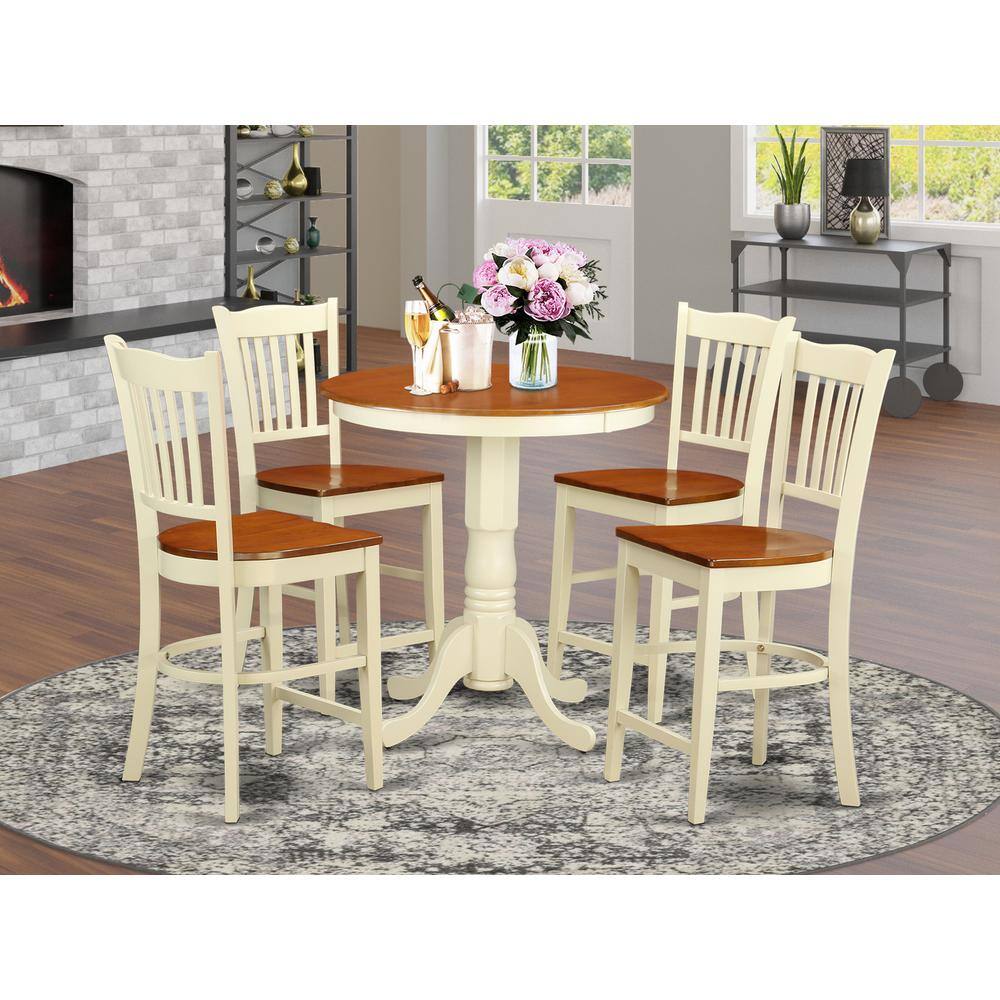 Back. East West Furniture - 5 PC counter height Table and chair set-pub Table and 4 bar stools with backs - Buttermilk & Cherry.