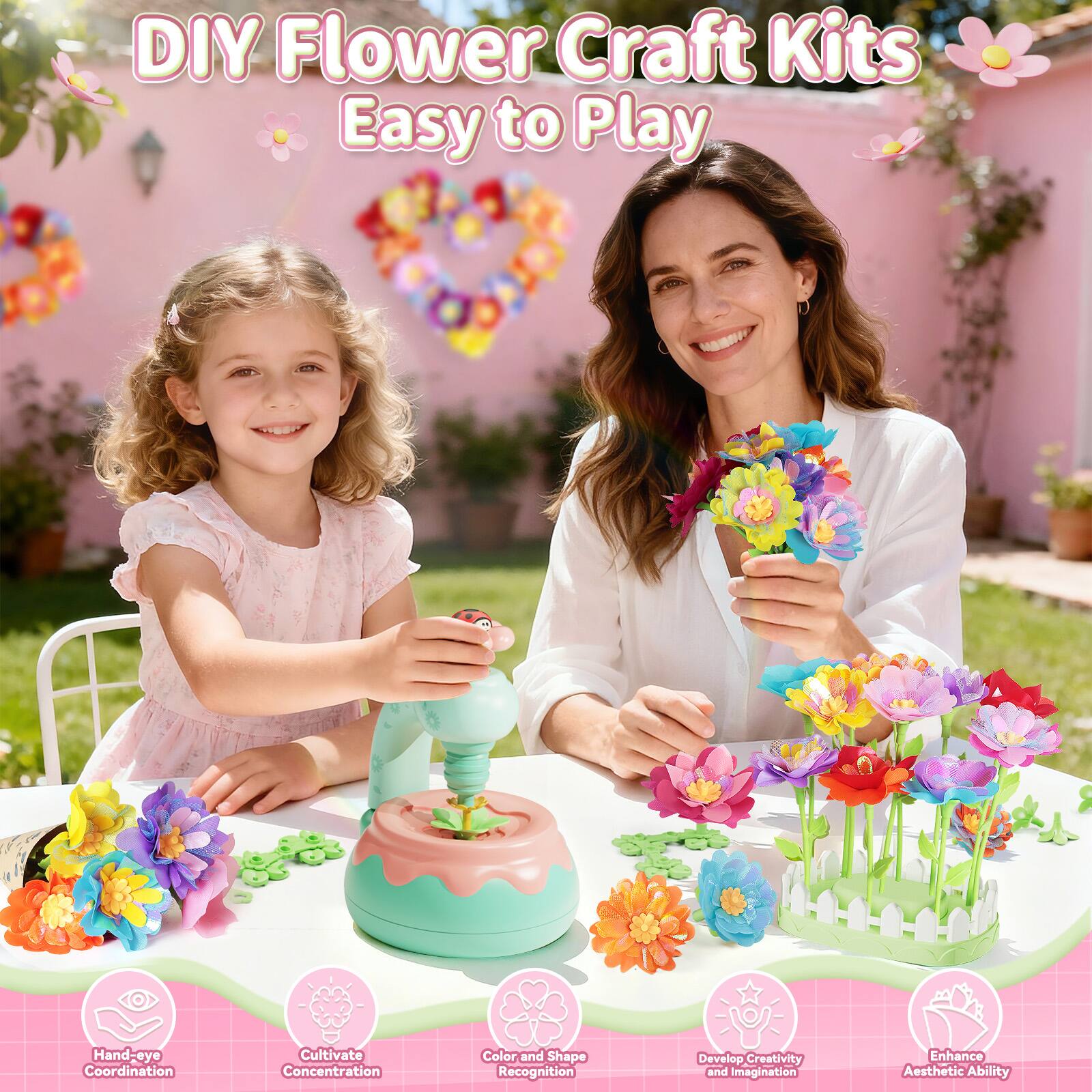 DIY Flower Craft Kits  
Easy to Play  

- Hand-eye Coordination  
- Cultivate Concentration  
- Color and Shape Recognition  
- Develop Creativity and Imagination  
- Enhance Aesthetic Ability