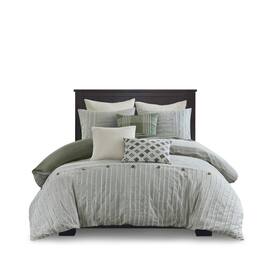 Gracie Mills - Cora Oversized Cotton Clipped Jacquard Comforter Set with Euro Shams Throw Pillows - Green