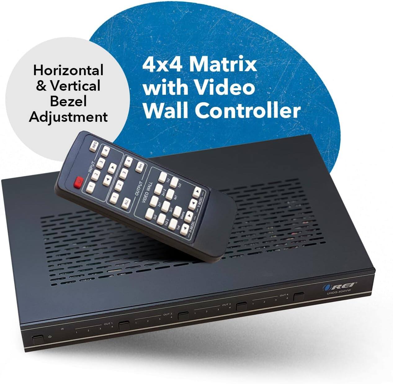 The corrected text is:

"Horizontal 4x4 Matrix & Vertical with Video Bezel Adjustment Wall Controller INFO 3 INPUT P4 4 5 - 2 2 WALL 2 OUTPUT ALL VIDEO S V-MZE 21 A - F H-BEZEL BUT RE WYOSOHU mT a a - 1 BUT a"

This appears to be a description or specification of a video matrix controller with a remote control.