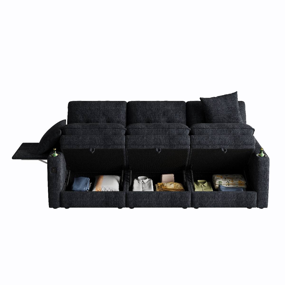 Alt View 8. Ropilly - Ropilly 89 Inch Storage Sofa Contemporary Black Chenille Couch with USB Ports Hidden Tabletop Cup Holders 3 Seat - Black.