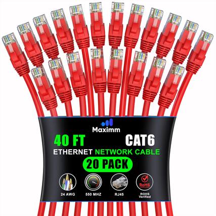 Maxim 40 FT CAT6 Ethernet Network Cable 20 Pack RoHS Compliant 24 AWG 550 MHz RJ45 RoHS Verified