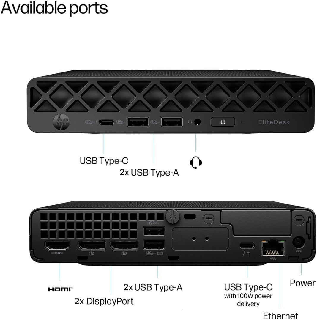 Available ports

EliteDesk

USB Type-C
2x USB Type-A

HDMI
2x DisplayPort

2x USB Type-A

USB Type-C with 100W power delivery

Power

Ethernet