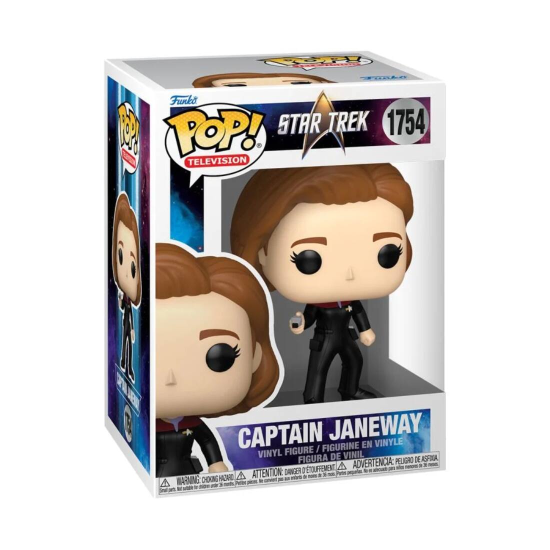Sure, here is the corrected and grouped text from the image:

---

**Funko POP! TELEVISION**

**STAR TREK 1754**

**CAPTAIN JANEWAY**

**VINYL FIGURE / FIGURINE EN VINYLE / FIGURA DE VINIL**

**WARNING: CHOKING HAZARD - ATTENTION: PELIGRO DE ASFIXIA - ADVERTENCIA: DANGER - PEU D'ÉTRE DANGEREUX POUR LES ENFANTS DE MOINS DE 3 ANS**

---

This text is from the packaging of a Funko Pop! vinyl figure of Captain Janeway from Star Trek.