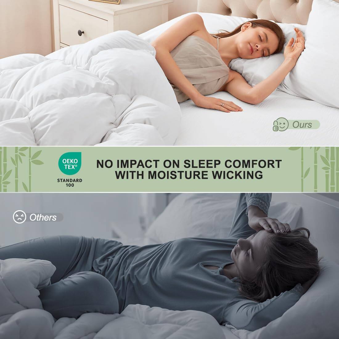- Ours
- OEKO TEX STANDARD 100
- NO IMPACT ON SLEEP COMFORT WITH MOISTURE WICKING
- Others
