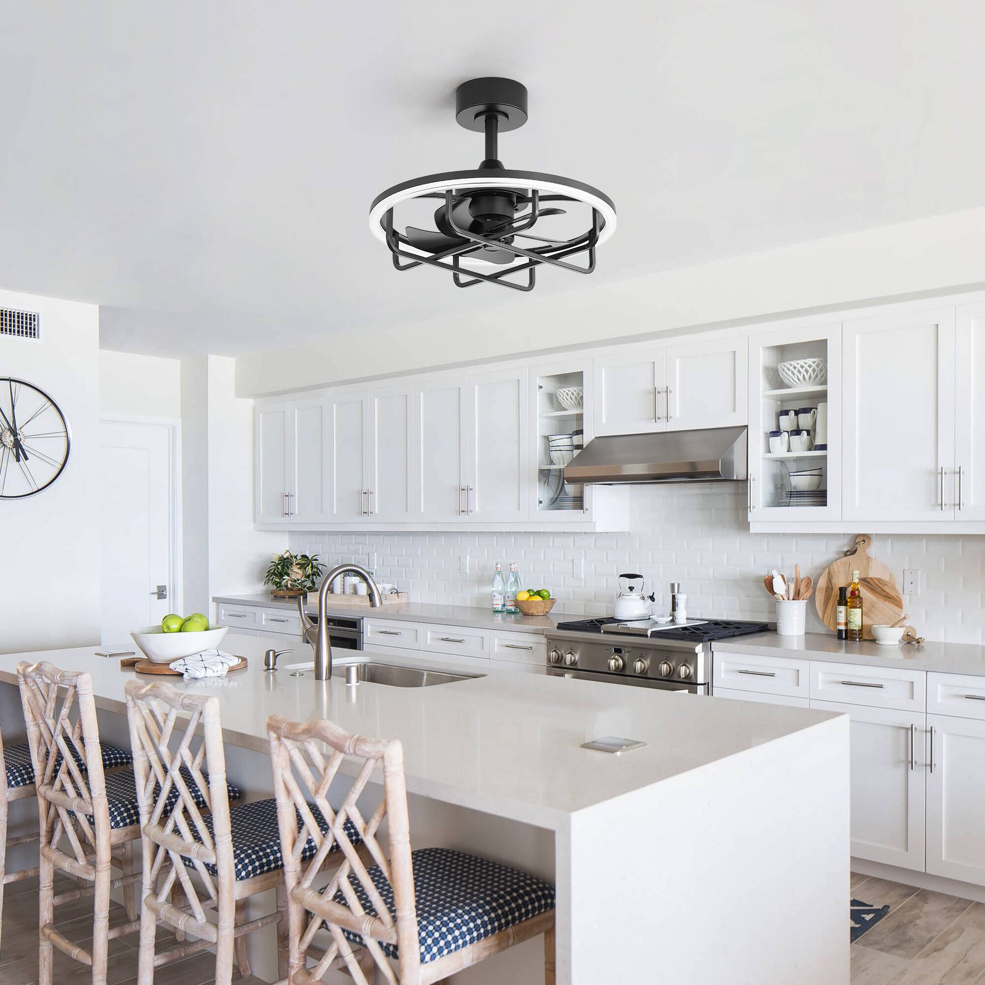 Alt View 1. Breezary - 20-Inch Caged Ceiling Fan with Acrylic Shade, Dimmable RGB LED, 6-Speed Remote, Timer, Downrod, DC Motor - 20-Inch Black Cage Ceiling Fan.