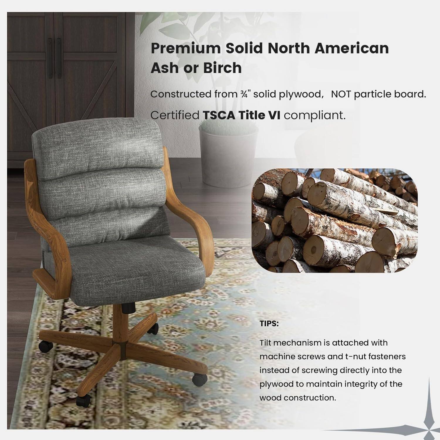 Premium Solid North American Ash or Birch  
Constructed from 3/4" solid plywood, NOT particle board.  
Certified TSCA Title VI compliant.  

TIPS:  
Tilt mechanism is attached with machine screws and t-nut fasteners instead of screwing directly into the plywood to maintain integrity of the wood construction.