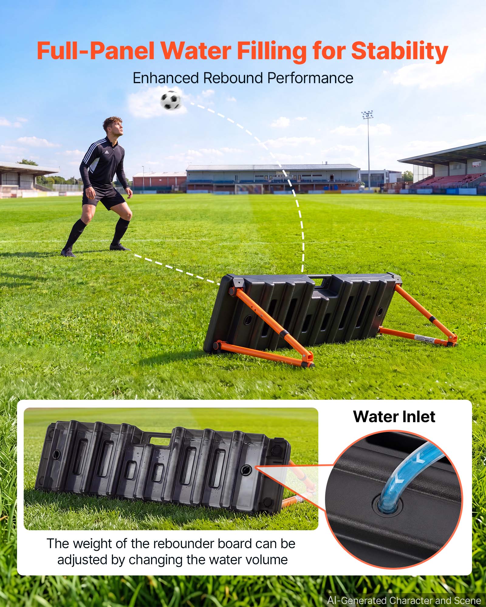 Full-Panel Water Filling for Stability  
Enhanced Rebound Performance  

Water Inlet  

The weight of the rebounder board can be adjusted by changing the water volume  

AI-Generated Character and Scene