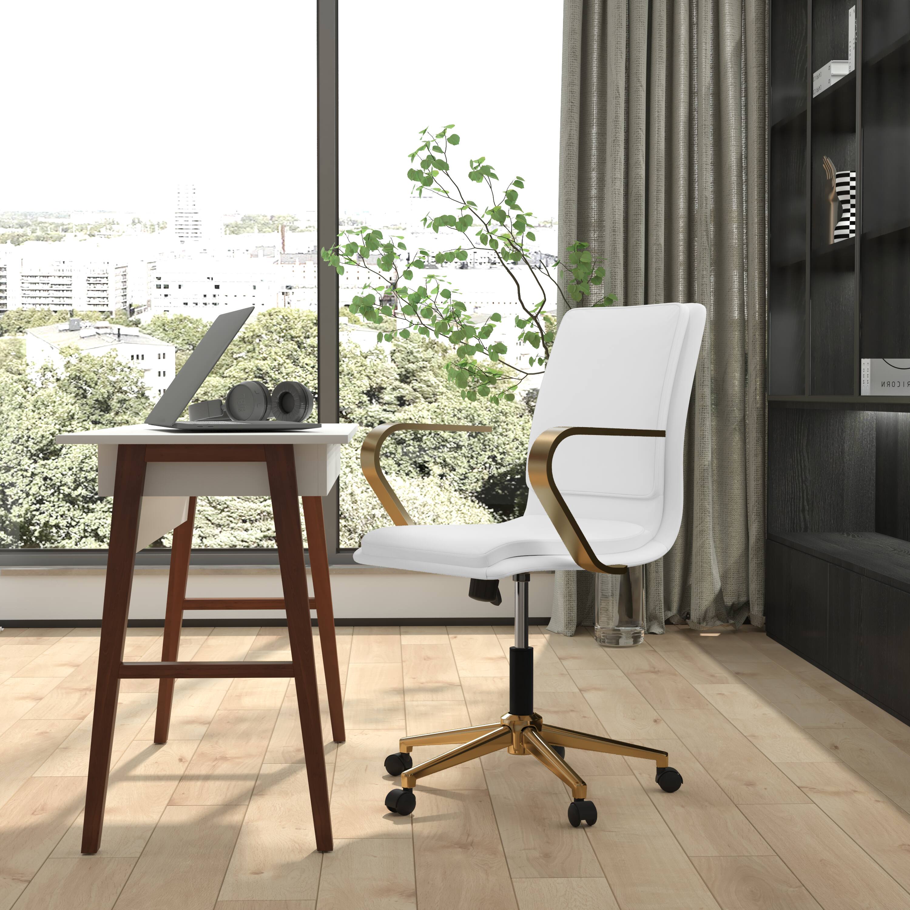 Alt View 1. Emma + Oliver - Ziva Modern Upholstered Mid-Back Home Office Chair with Arms and 5 Star Base - White LeatherSoft/Gold Frame.