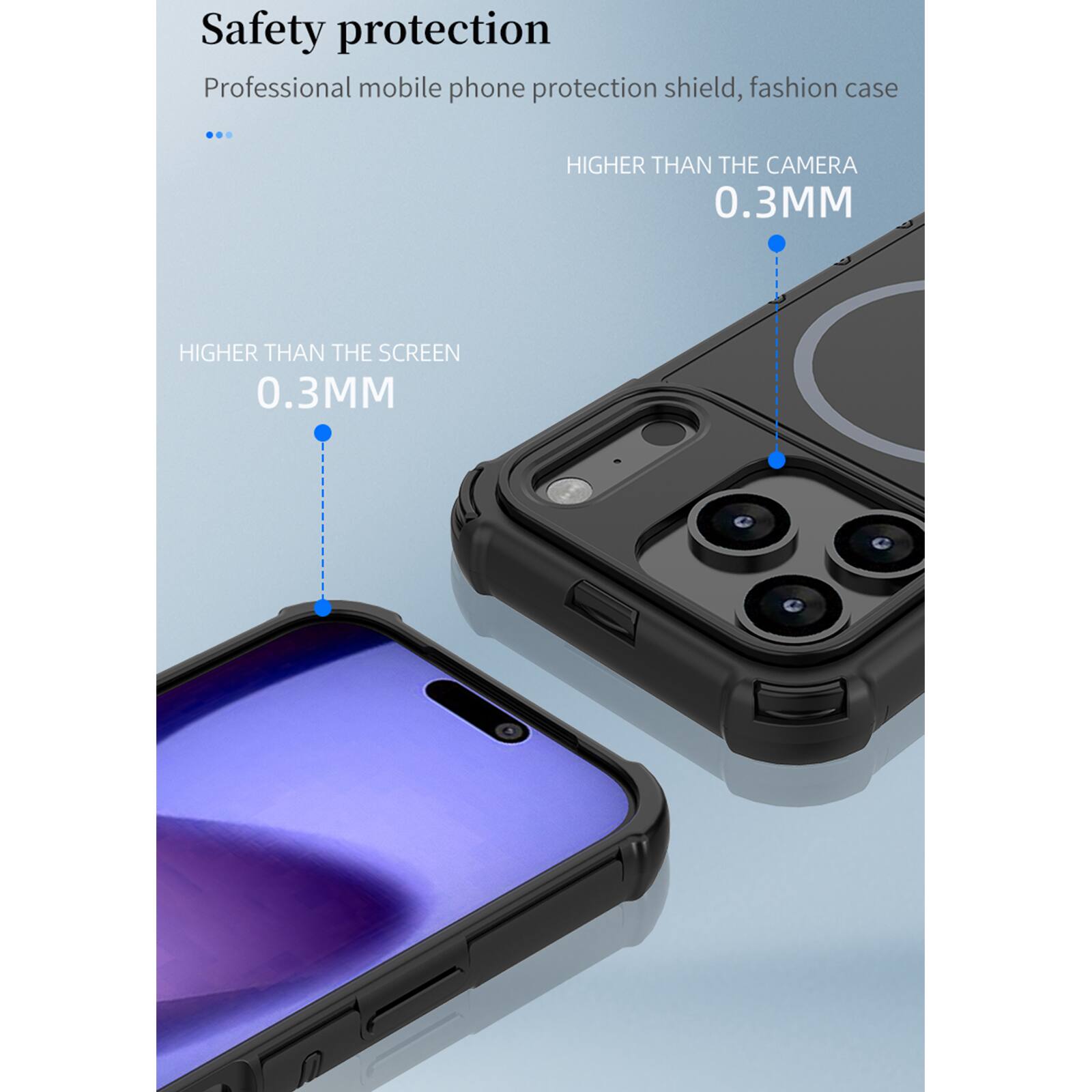Safety protection  
Professional mobile phone protection shield, fashion case

HIGHER THAN THE CAMERA 0.3MM  
HIGHER THAN THE SCREEN 0.3MM