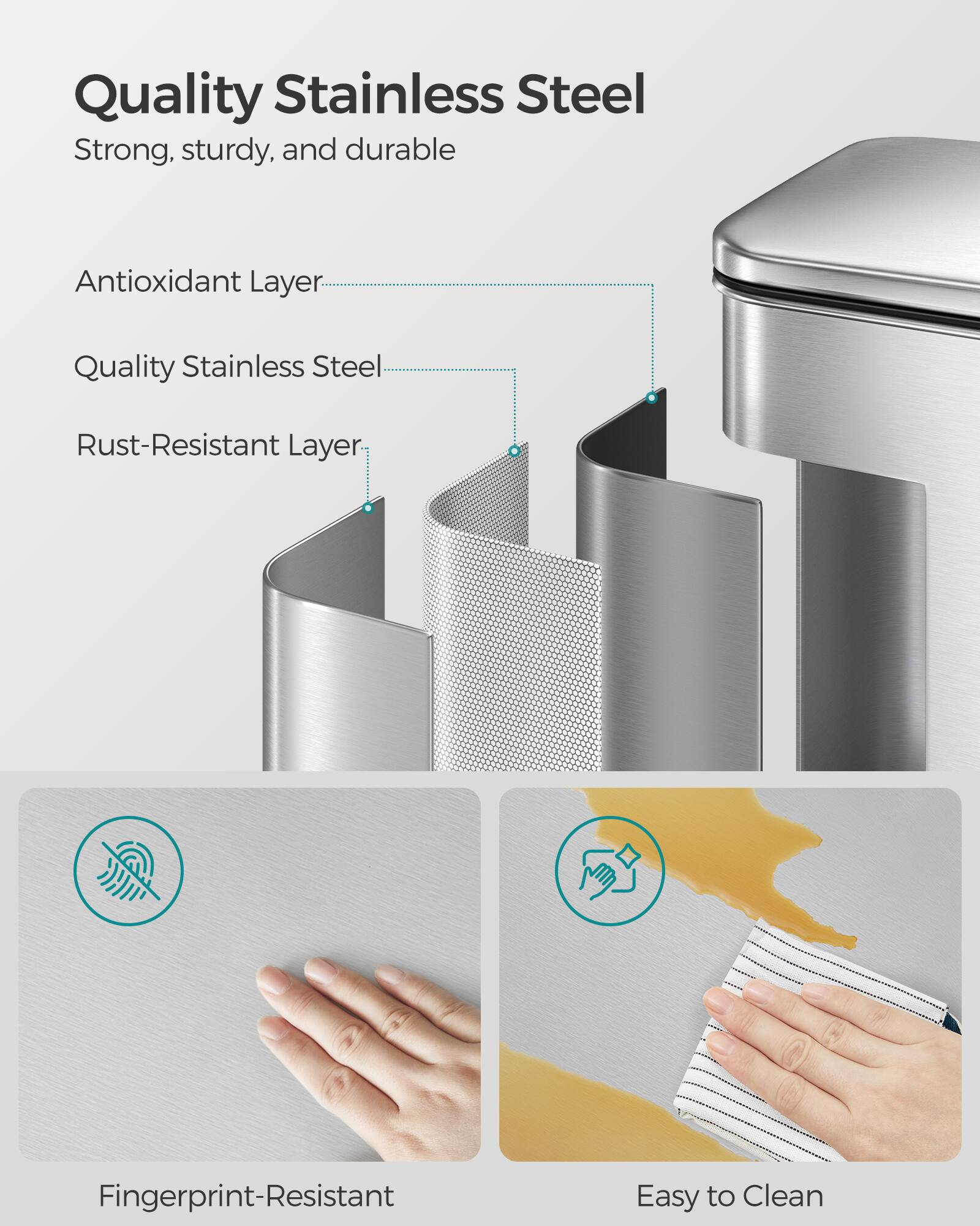 Quality Stainless Steel

Strong, sturdy, and durable

Antioxidant Layer

Quality Stainless Steel

Rust-Resistant Layer

Fingerprint-Resistant

Easy to Clean
