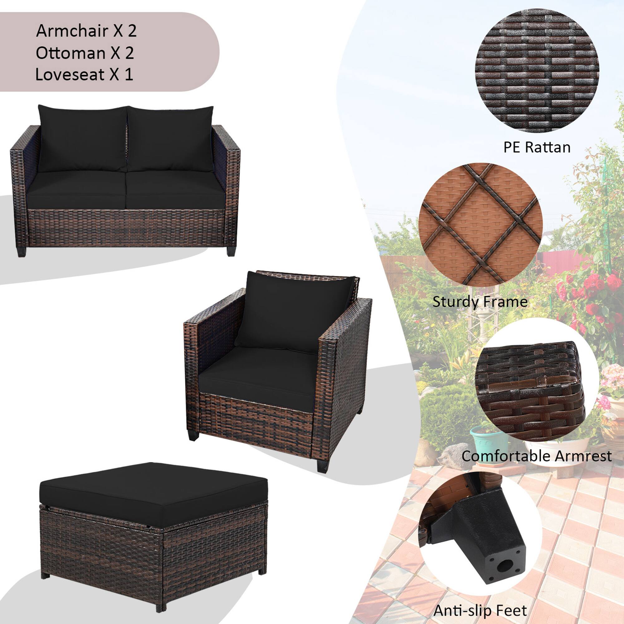Armchair X 2, Ottoman X 2, Loveseat X 1, PE Rattan, Sturdy Frame, Comfortable Armrest, Anti-slip Feet