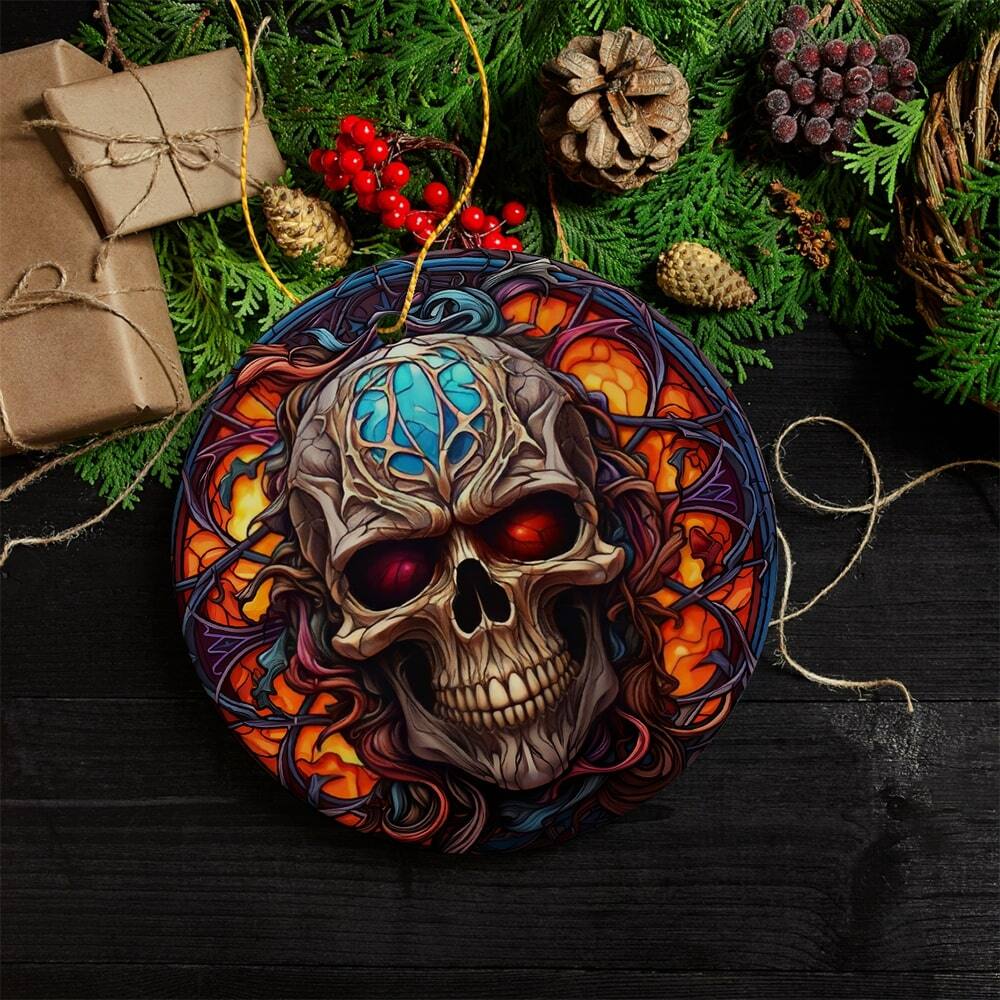 Back. OrnamentallyYou - Phantoms Grin Sinister Skull Stained Glass Style Ceramic Ornament Halloween Themed Christmas Gift - Multi-colored.
