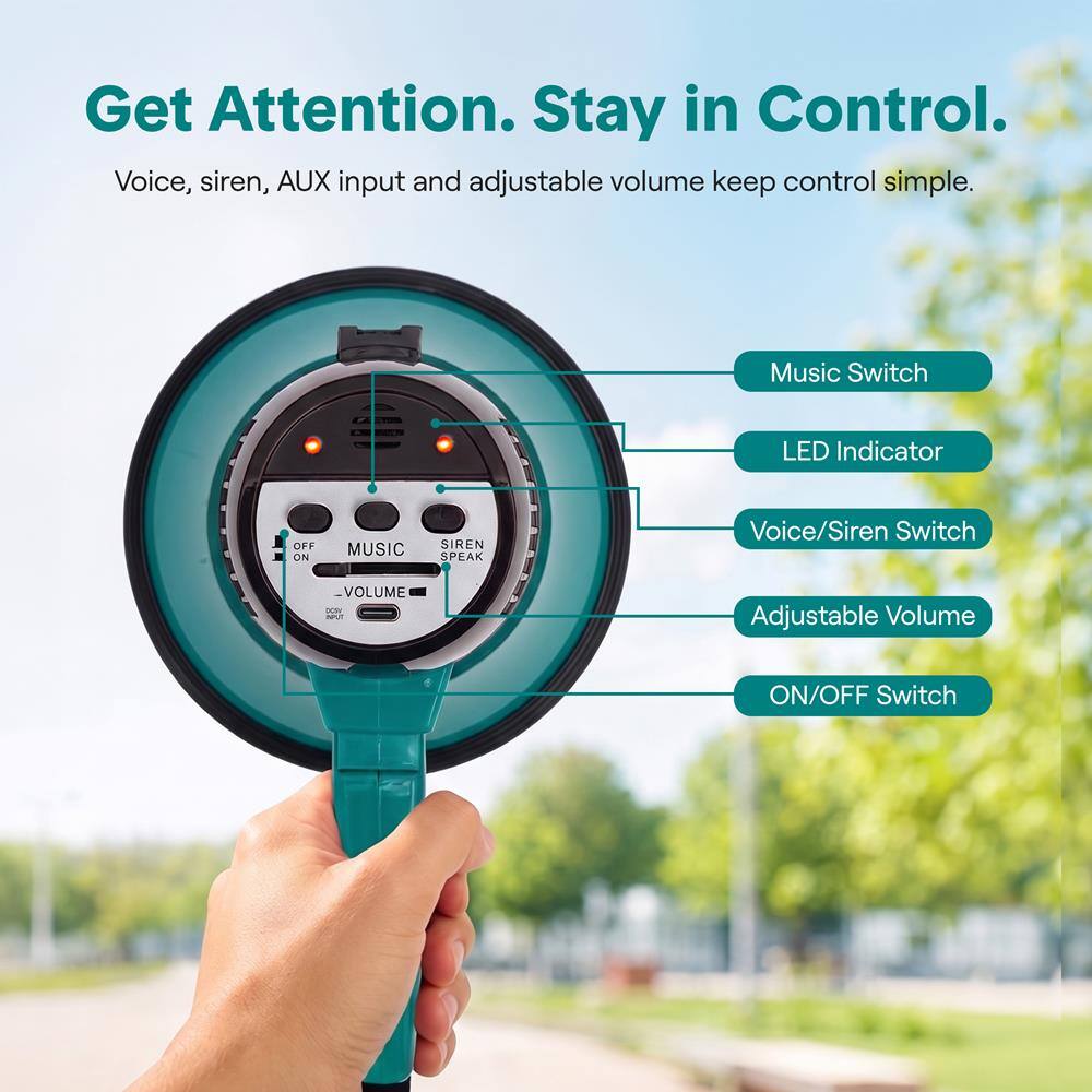Get Attention. Stay in Control.  
Voice, siren, AUX input and adjustable volume keep control simple.

- Music Switch
- LED Indicator
- Voice/Siren Switch
- Adjustable Volume
- ON/OFF Switch