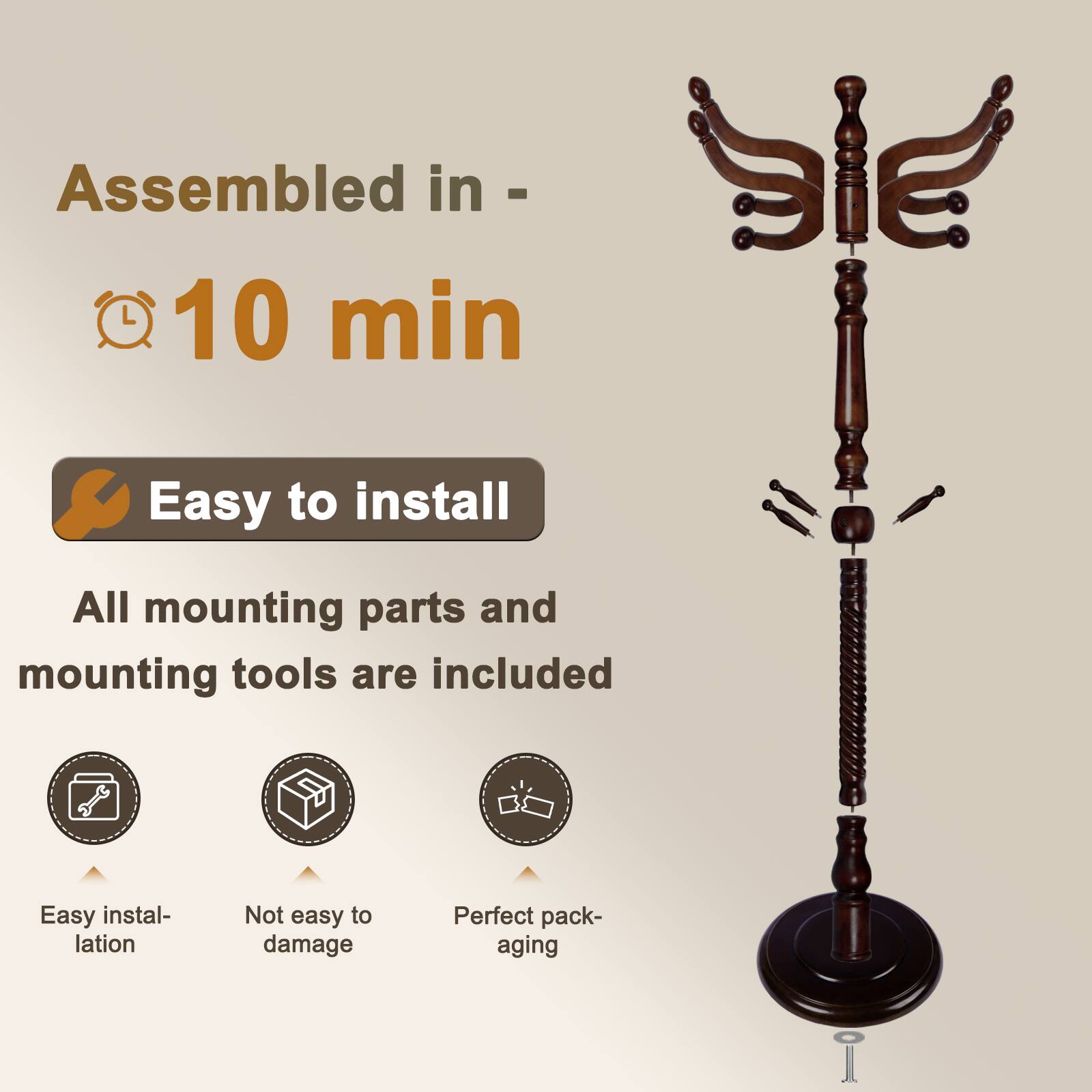 Alt View 2. Chateau Abodes - Solid Wood Coat Rack, Free Standing Hall Coat Tree with 11Hooks, 2 Height Options, 270lbs Load, Stury Base - Dark Brown.