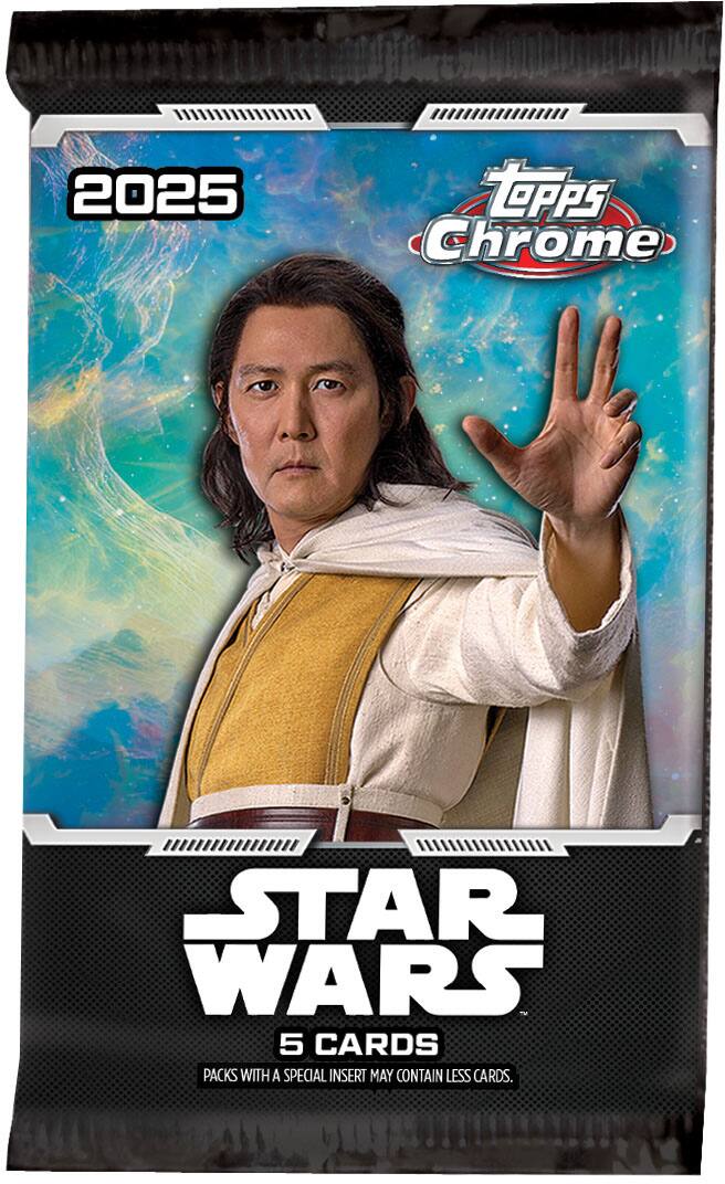 2025  
Topps Chrome  
STAR WARS  
5 CARDS PACKS WITH A SPECIAL INSERT  
PACKS MAY CONTAIN LESS CARDS.