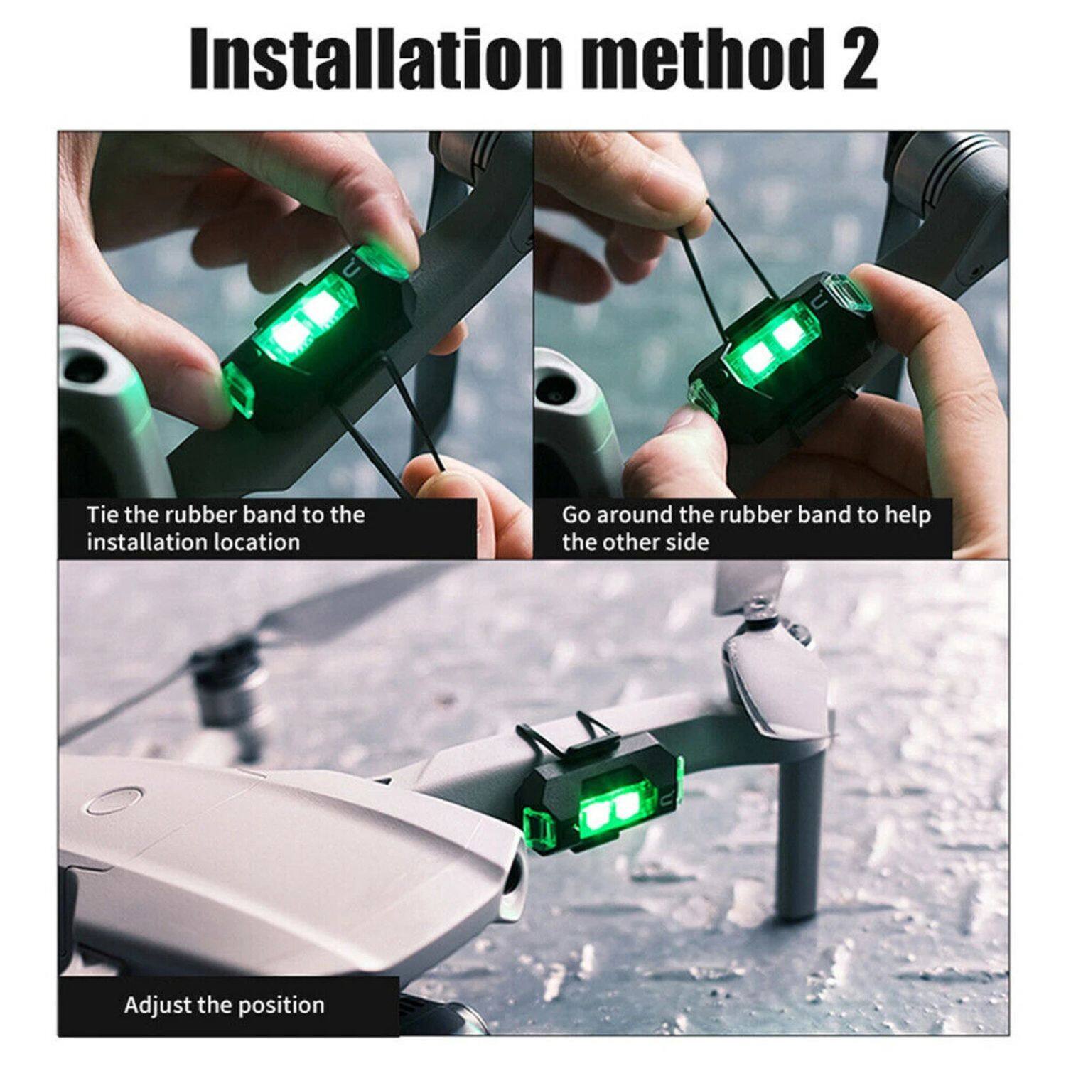 Installation method 2

1. Tie the rubber band to the installation location
2. Go around the rubber band to help the other side
3. Adjust the position