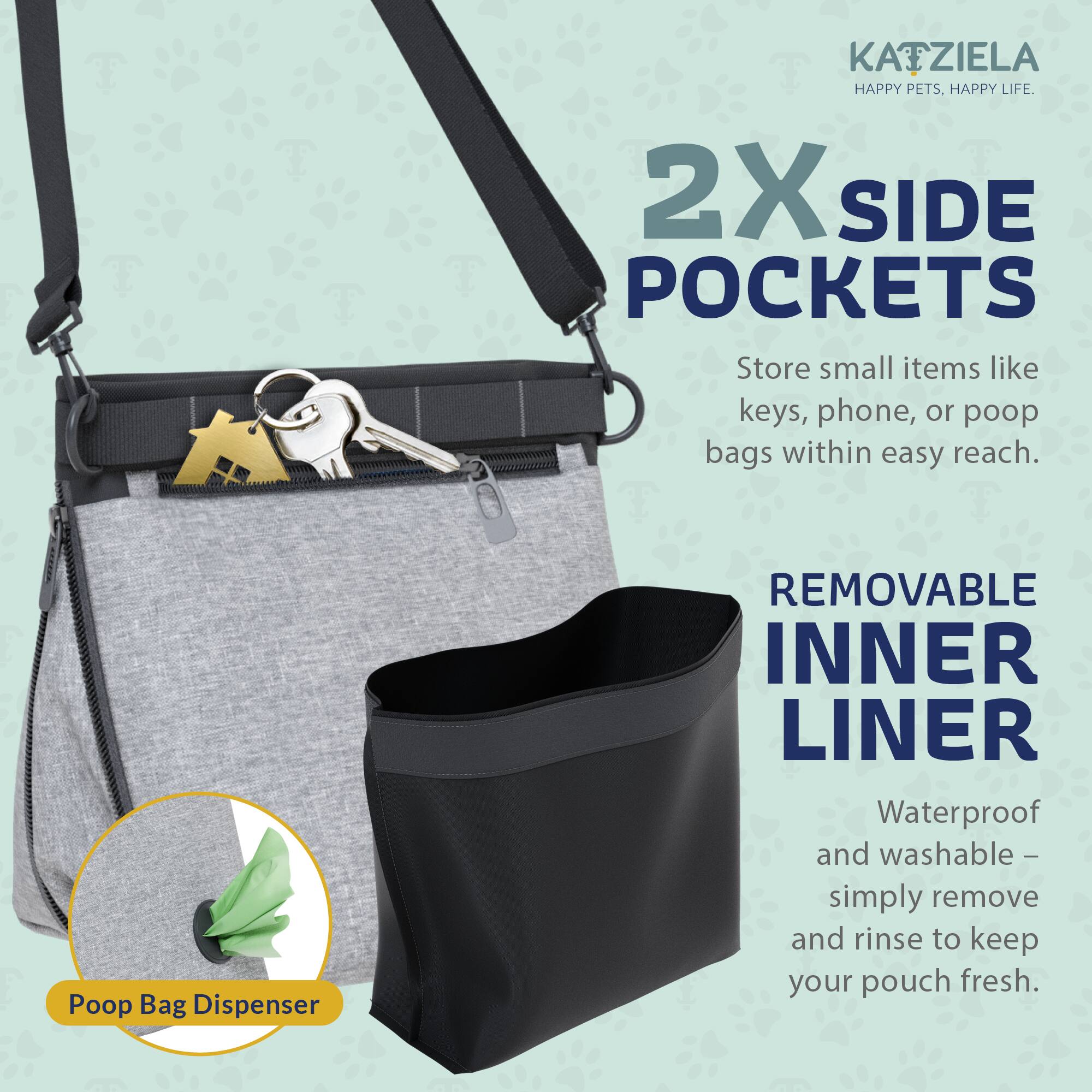 KATZIELA HAPPY PETS, HAPPY LIFE.

2X SIDE POCKETS  
Store small items like keys, phone, or poop bags within easy reach.

Poop Bag Dispenser

REMOVABLE INNER LINER  
Waterproof and washable - simply remove and rinse to keep your pouch fresh.