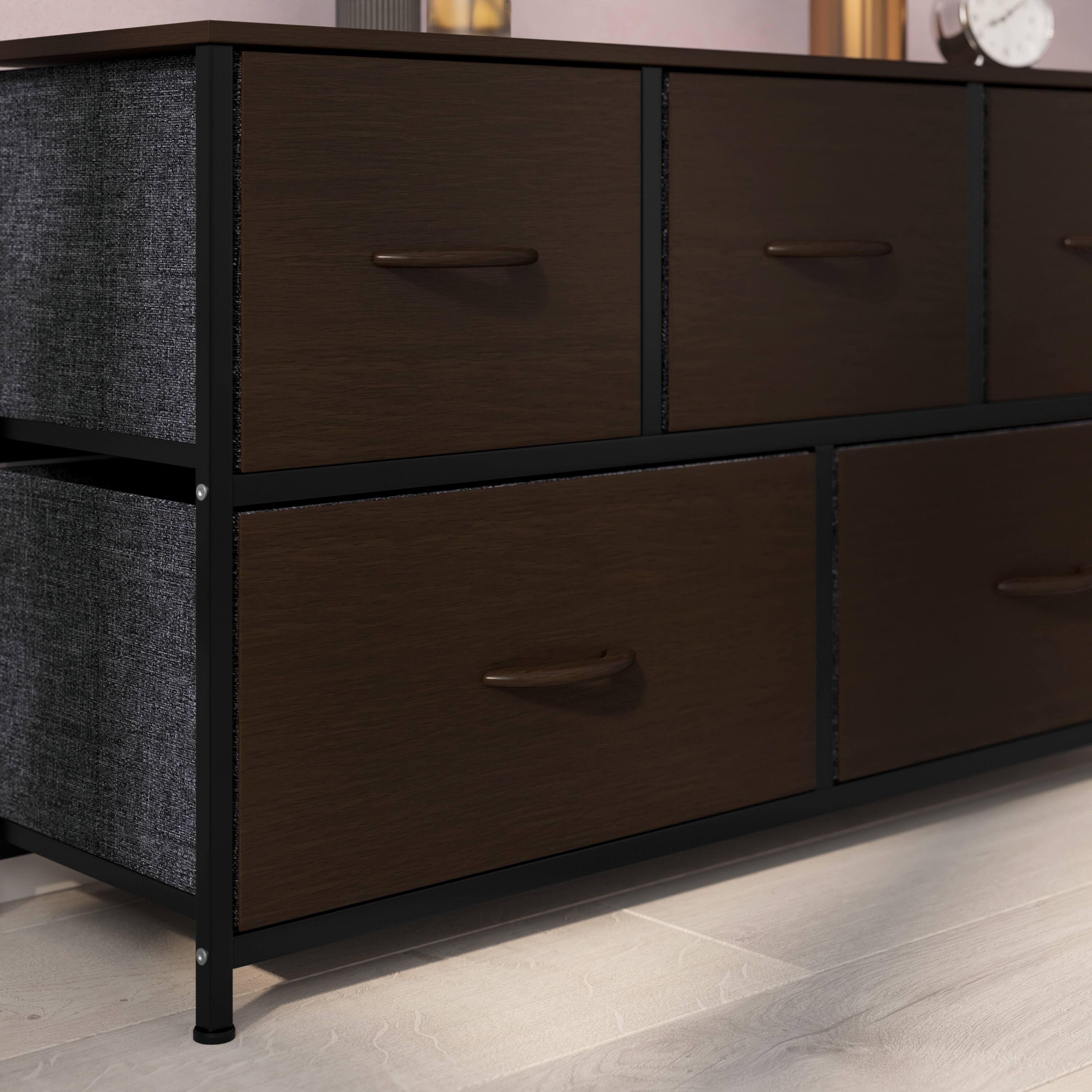 Alt View 4. Emma + Oliver - Marley 5 Drawer Storage Dresser with Cast Iron Frame, Wood Top, and Easy Pull Fabric Drawers with Wooden Handles - Brown Drawers/Black Frame.