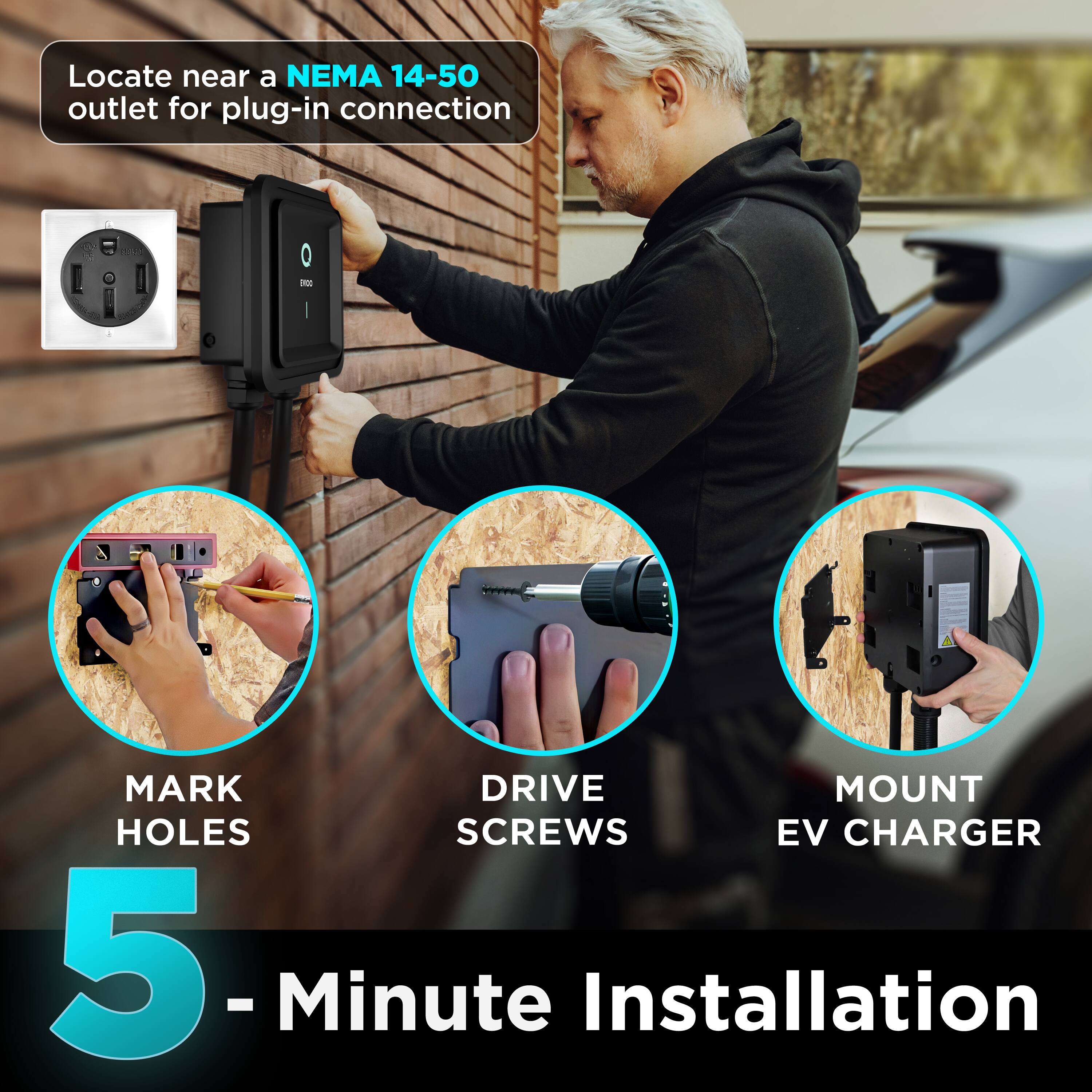 Locate near a NEMA 14-50 outlet for plug-in connection

MARK HOLES

DRIVE SCREWS

MOUNT EV CHARGER

5-Minute Installation