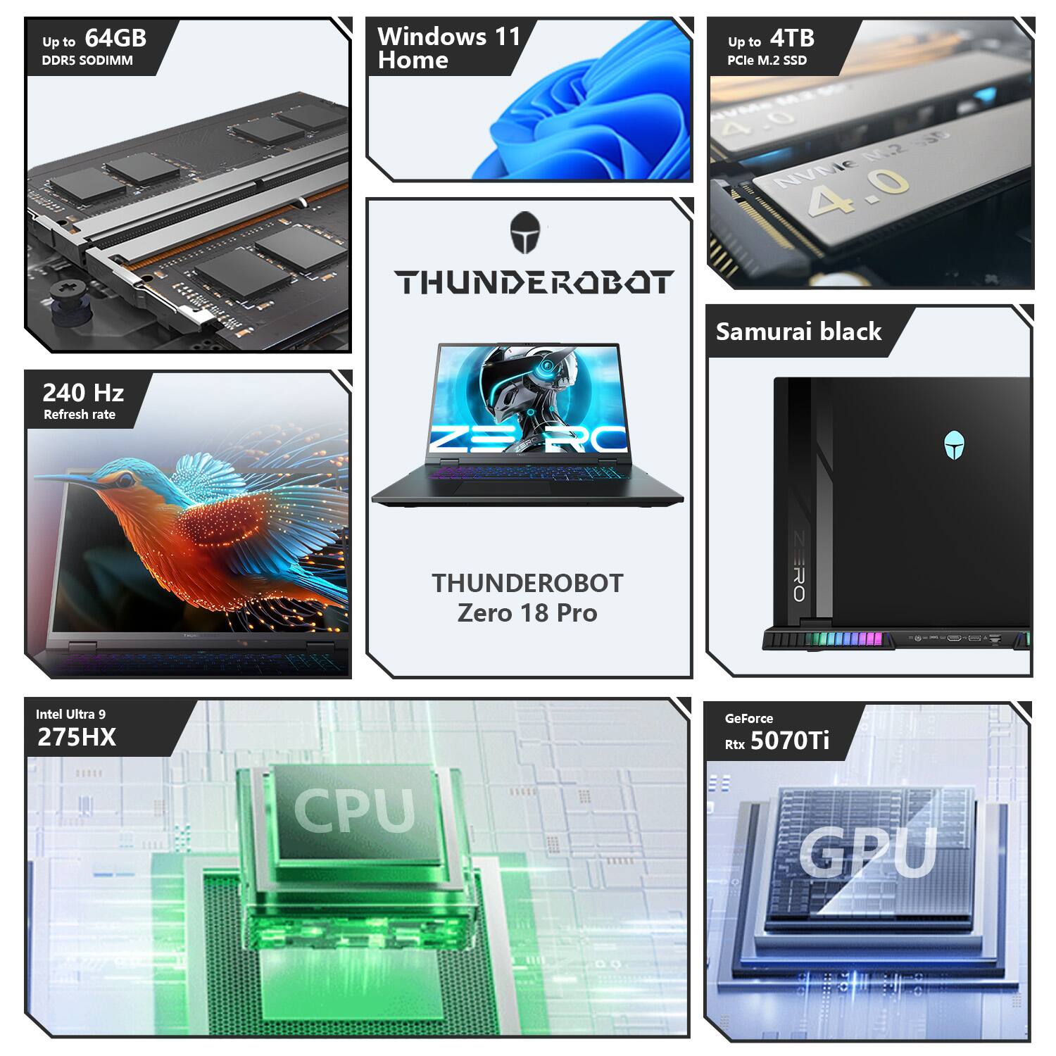 - Up to 64GB DDR5 SODIMM
- Windows 11 Home
- Up to 4TB PCIe M.2 SSD
- 240 Hz Refresh rate
- Intel Ultra 9 275HX
- GeForce RTX 5070Ti
- THUNDEROBOT Zero 18 Pro
- Samurai black