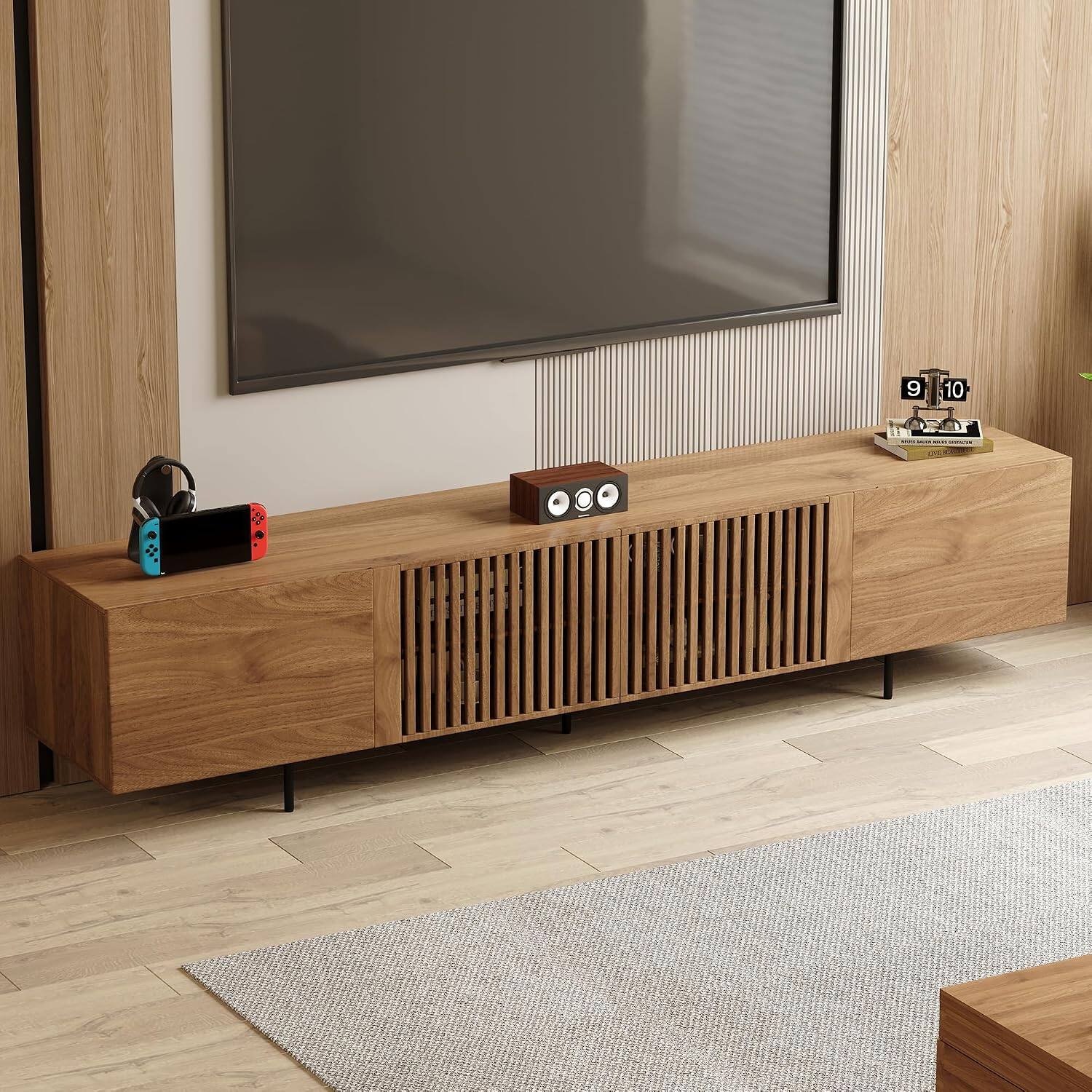 Alt View 2. luck idea - 94.48" Mid-Century Modern TV Stand for 80"+ TVs, Walnut Wood Media Console, Entertainment Center with Ample Storage for - BROWN.