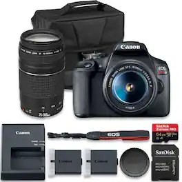 Bundle - Canon - EOS Rebel T7 DSLR Camera with 18-55mm & 75-300mm Lens, Extra Battery, 64GB SD & Case - Black