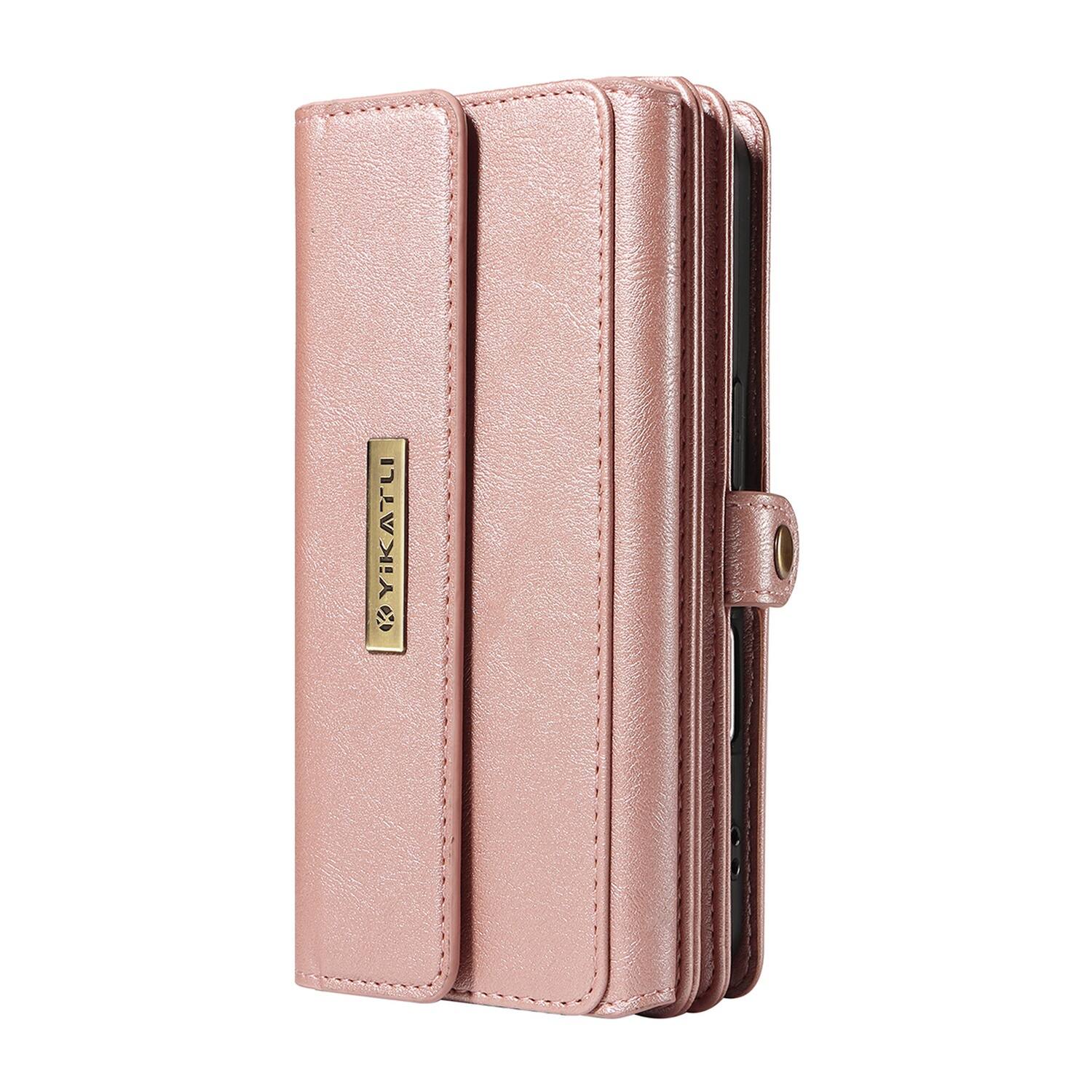 Angle. UUCOVER - Zipper Wallet Case for Apple iPhone 17 Pro Max with RFID Card Slots, Cash Pockets, Shoulder Strap, Magnetic Flip Stand - Rosegold.