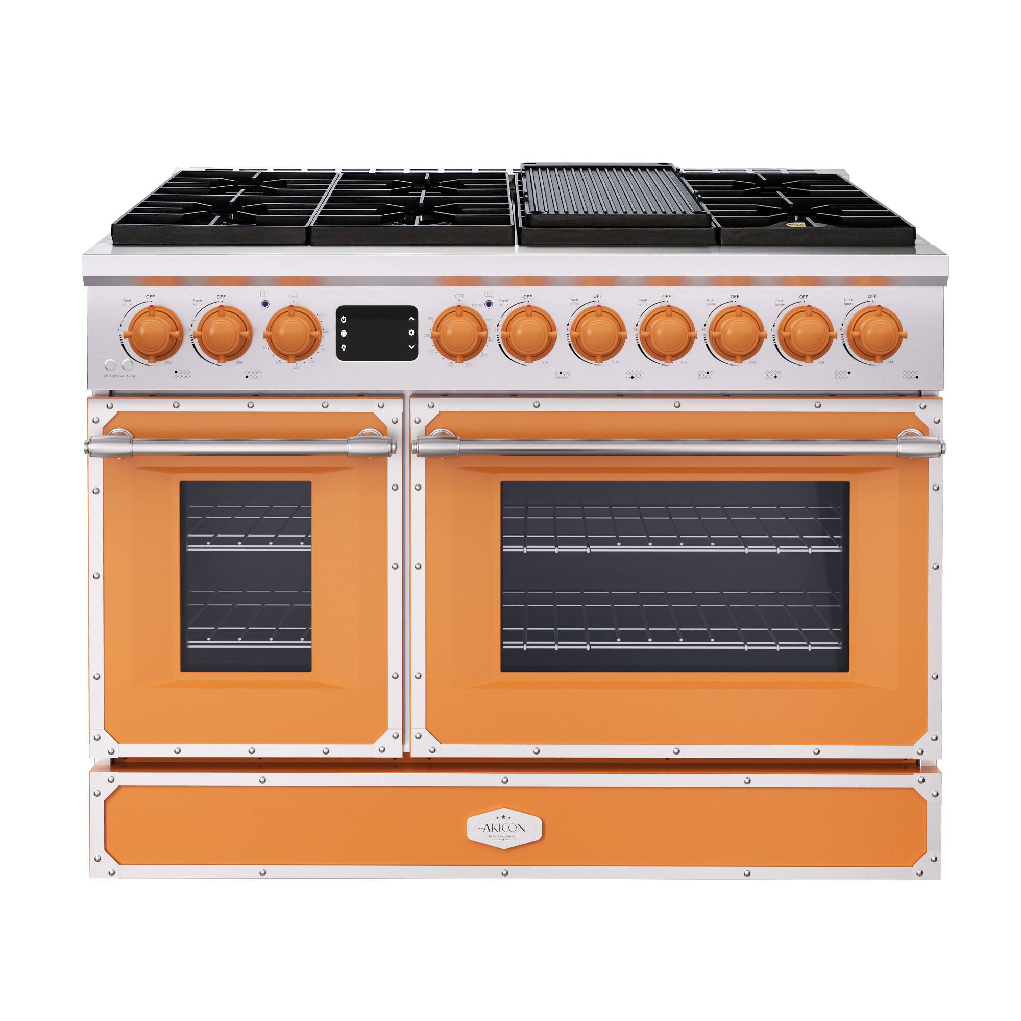 Angle. Akicon - Akicon 6.7 Cu.ft Freestanding Gas Rapid Convection Range with 8 Sealed Burners and Cast Iron Grates in Tangerine Orange - Tangerine Orange.
