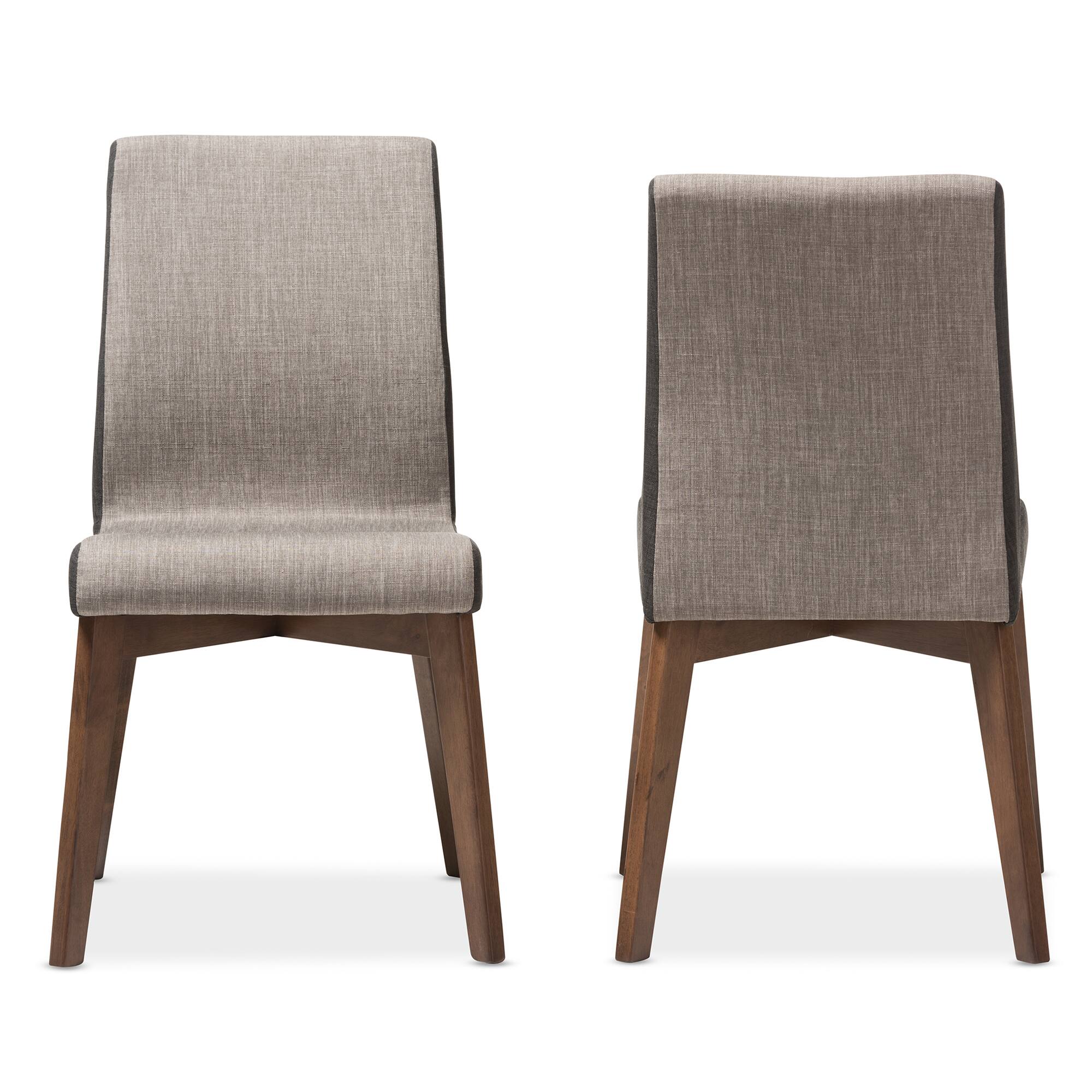 Angle. Baxton Studio - Kimberly Mid-Century Modern Fabric Dining Chair - "Gravel" Multi Color/"Walnut" Brown.
