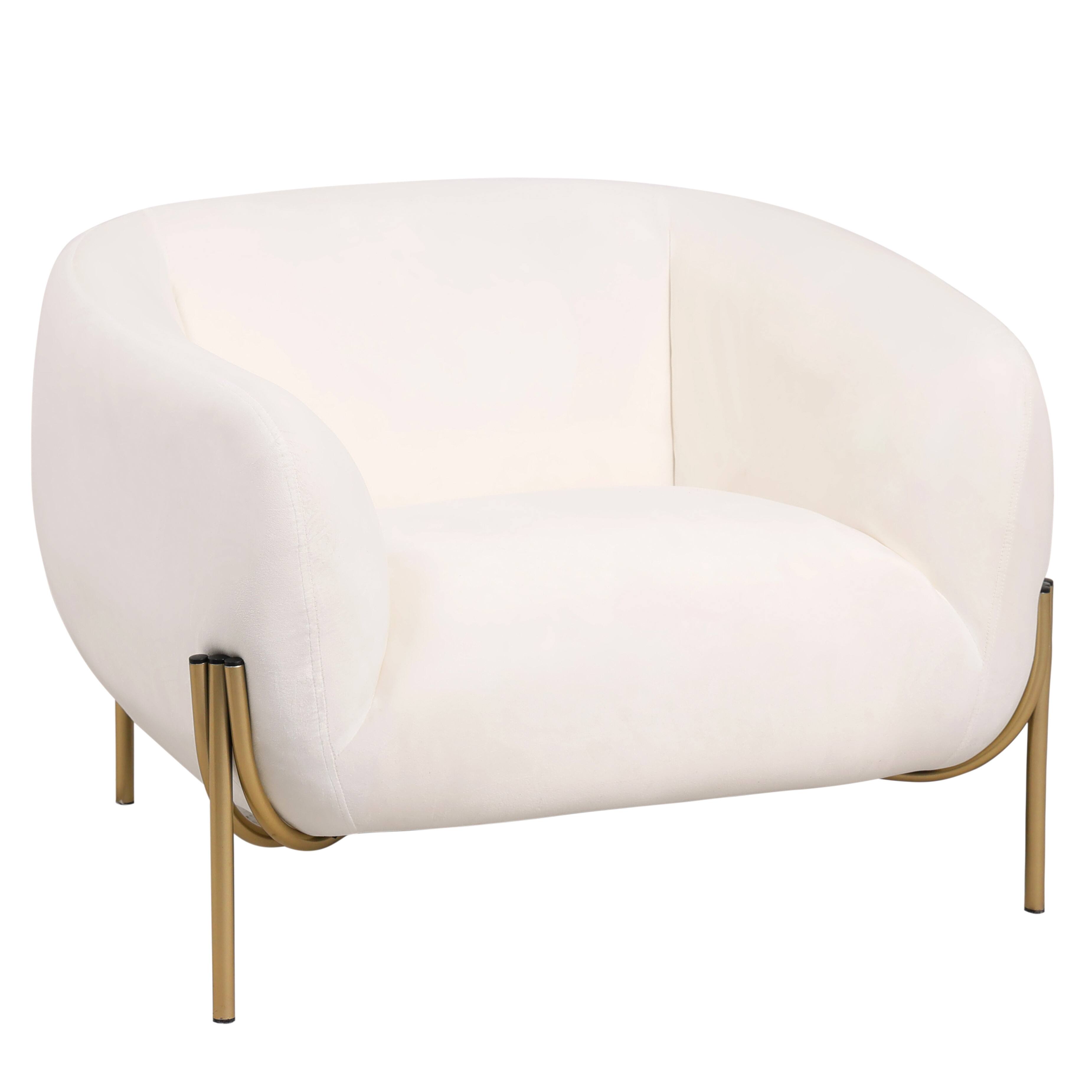 Front. LeisureMod - Zuno Modern Velvet Accent Chair, Gold Base Curved Armchair - High-Density Foam - White.