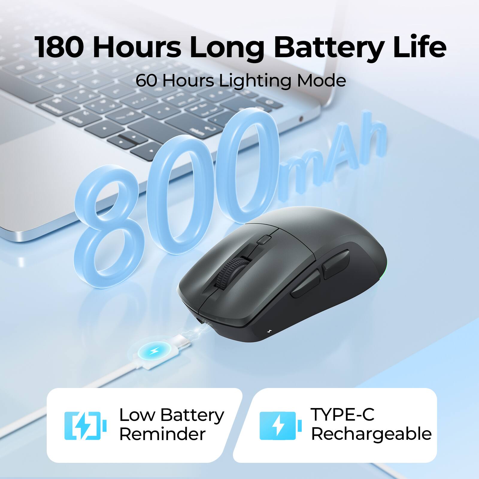 180 Hours Long Battery Life  
60 Hours Lighting Mode  
800mAh  
Low Battery Reminder  
TYPE-C Rechargeable