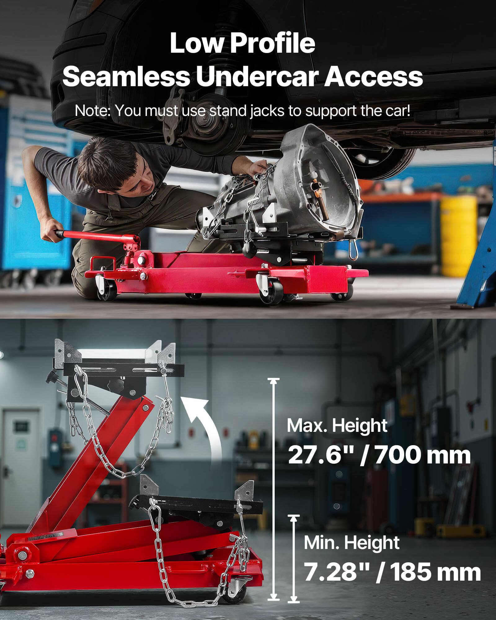 Low Profile Seamless Undercar Access  
Note: You must use stand jacks to support the car!  
Max. Height 27.6" / 700 mm  
Min. Height 7.28" / 185 mm