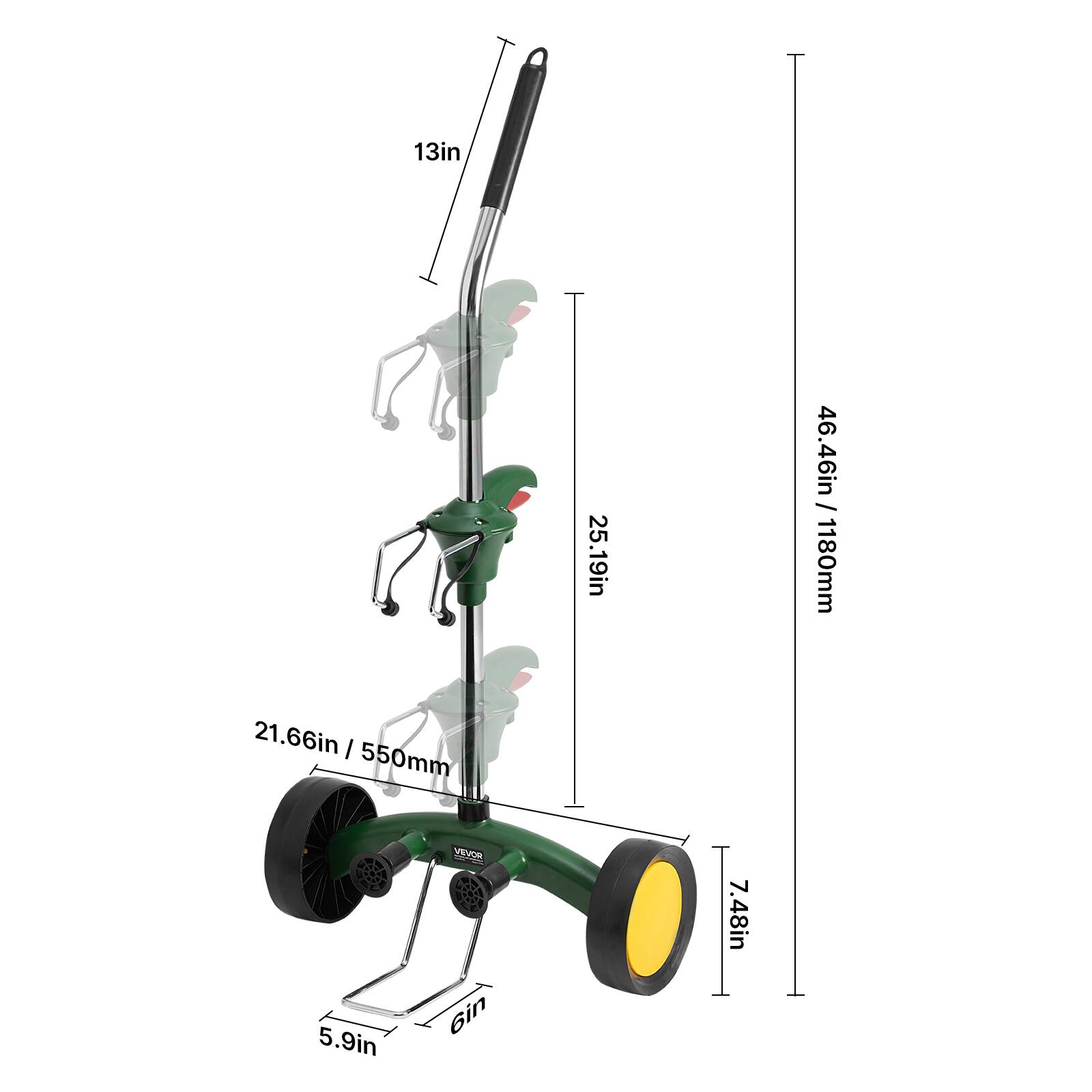 - 13in
- 25.19in
- 46.46in / 1180mm
- 21.66in / 550mm
- 7.48in
- 5.9in
- 6in