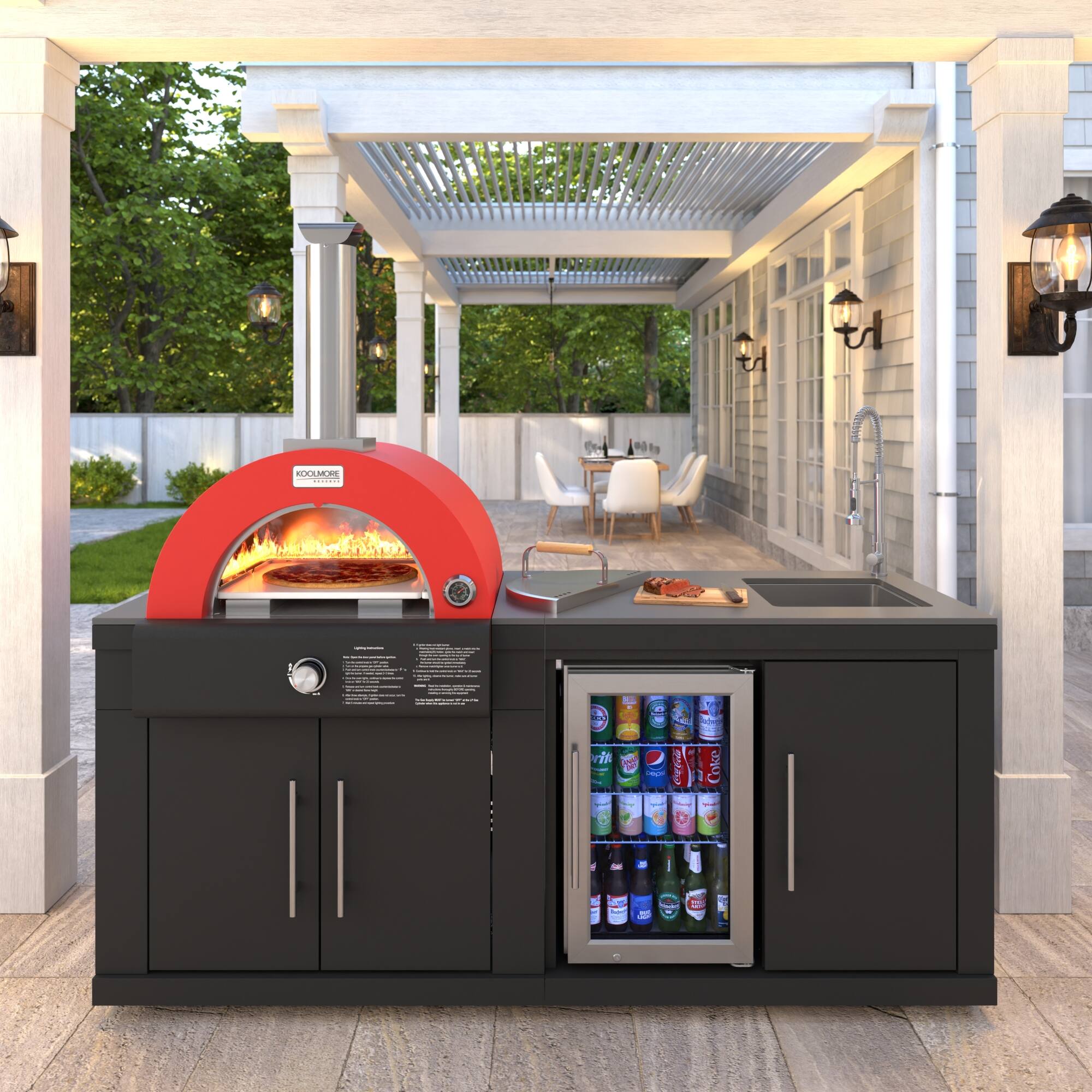 Left. Koolmore - 79 in. Outdoor Kitchen Island with 22 in. Gas and Wood-Fired Pizza Oven, Sink, and Refrigerator in Black Stainless - Black.