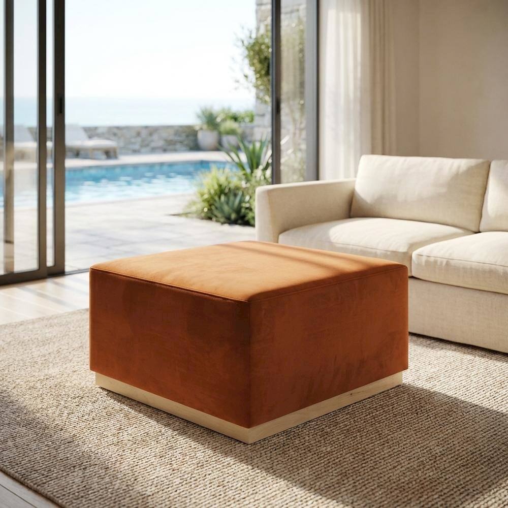 Left. Outdoor Escape - Square Performance Velvet Ottoman In Neutral Color, Outdoor Spaces, 28-Inch Size - Brown.
