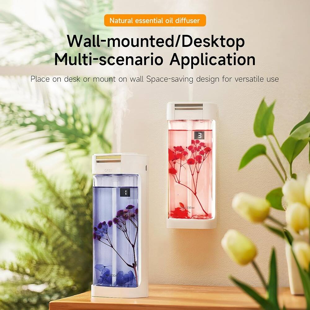 Natural essential oil diffuser  
Wall-mounted/Desktop Multi-scenario Application  
Place on desk or mount on wall  
Space-saving design for versatile use