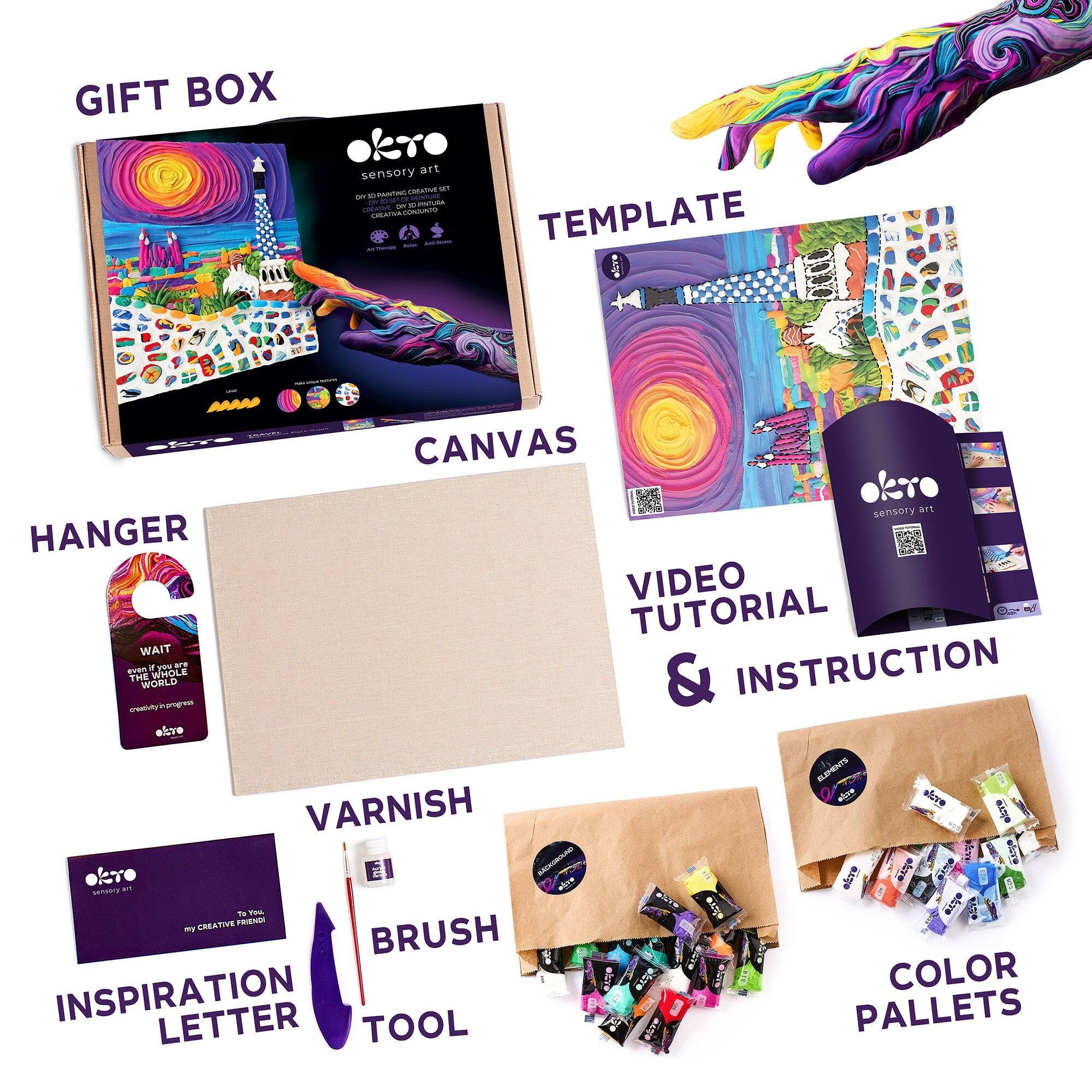 GIFT BOX  
sensory art  
CREATIVE  
CANVAS  

TEMPLATE  

HANGER  

VIDEO TUTORIAL & INSTRUCTION  

VARNISH  

BRUSH  

INSPIRATION LETTER  

COLOR PALETS