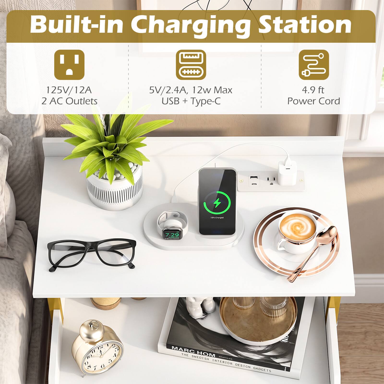 Built-in Charging Station  
125V/12A 2 AC Outlets  
5V/2.4A, 12w Max USB + Type-C  
4.9 ft Power Cord  

7.29 I 2 1 1 2 A LF . 1 e MARC TS1E HOM SWEDISH - ENTERION DESIGN CADGLIS