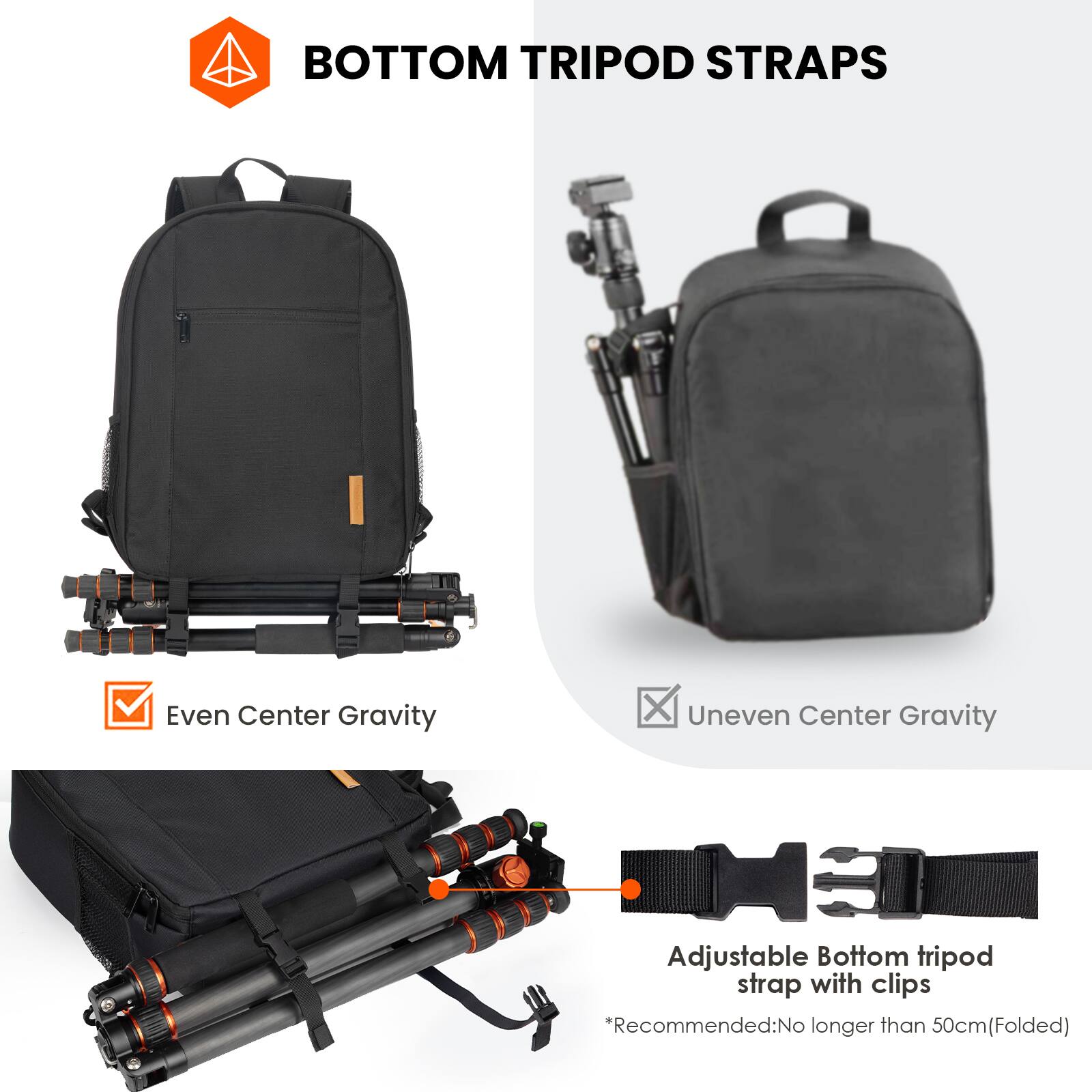 BOTTOM TRIPOD STRAPS

Even Center Gravity

Uneven Center Gravity

Adjustable Bottom tripod strap with clips

*Recommended: No longer than 50cm (Folded)