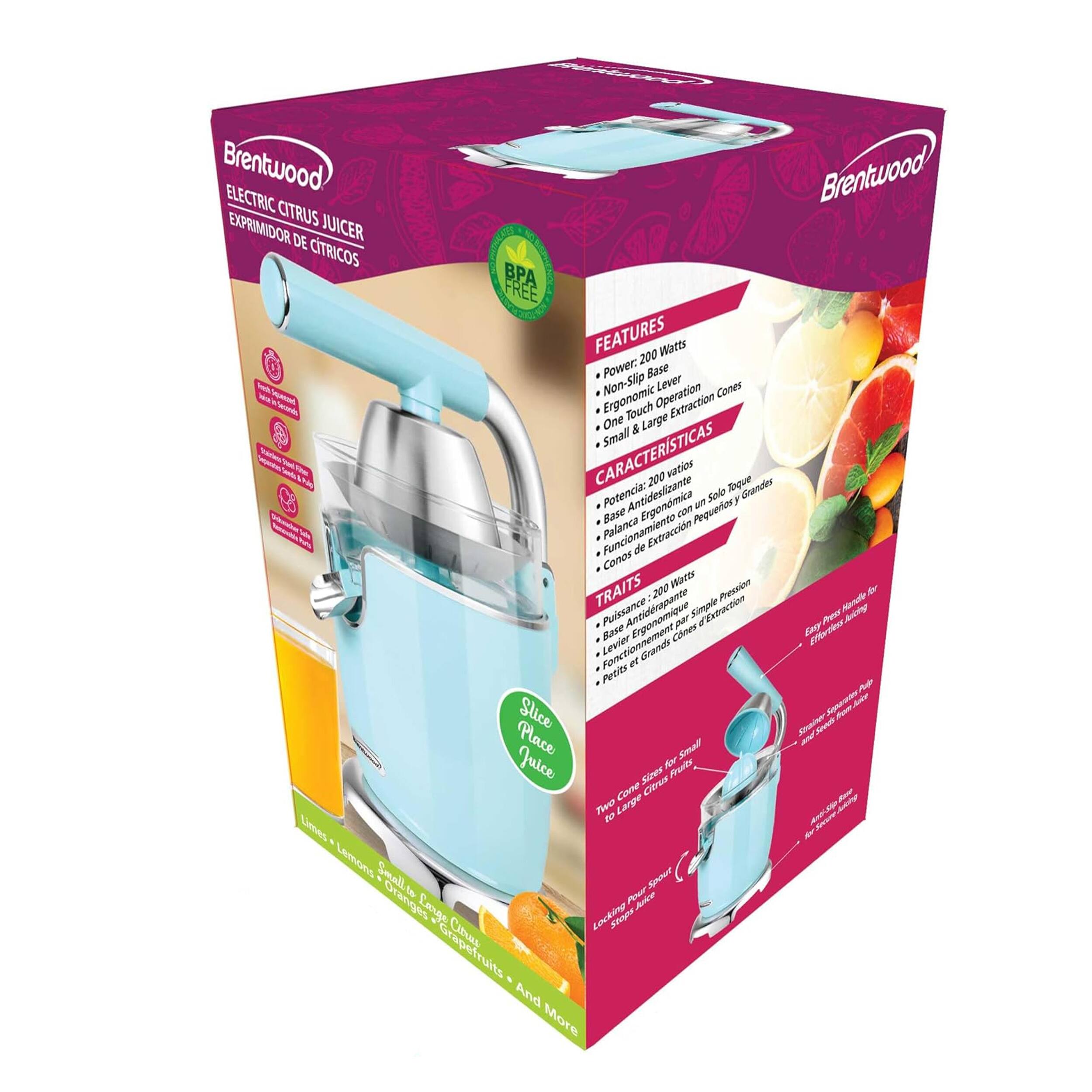 Brentwood ELECTRIC CITRUS JUICER  
EXPRIMIDOR DE CITRICOS  
BPA FREE  

FEATURES  
- Power: 200 Watts  
- Base Non-Slip  
- Ergonomic Operation  
- Extraction Touch  
- Large & Small Cones  

CARACTERISTICAS  
- Potencia: 200 vatios  
- Base Antideslizante  
- Funcionamiento Ergonomico  
- Extraccion de Conos  
- Grandes y Pequenos  

TRAITS  
- Puissance: 200 Watts  
- Base Antiderrapante  
- Levier Ergonomique  
- Extraction Simple  
- Petits et Grands Cones  

- Two Cone Sizes for Small & Large Fruits  
- Limes, Lemons, Oranges, Grapefruits, And More