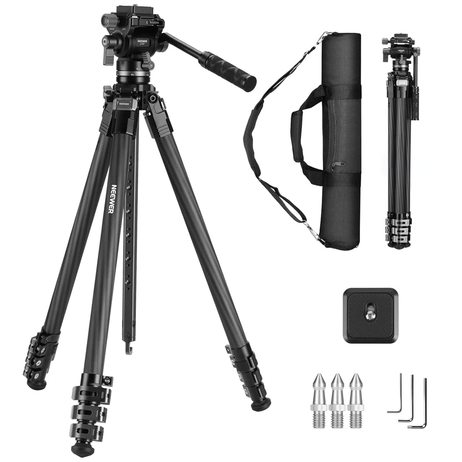 Neewer - 60.4" Carbon Fiber Tripod, Detachable Fluid Head, Arca, LT37