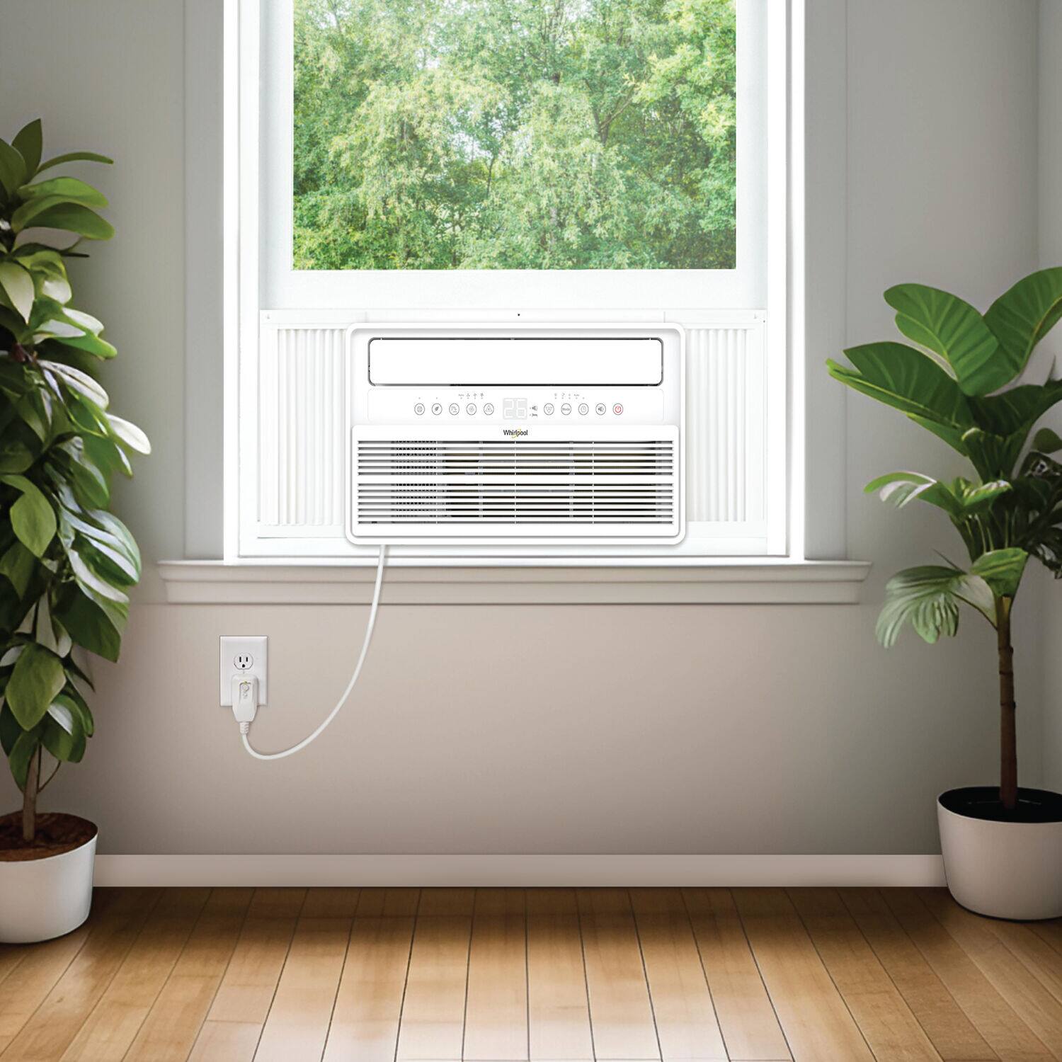 The text on the image reads "A/C unit with a window view."